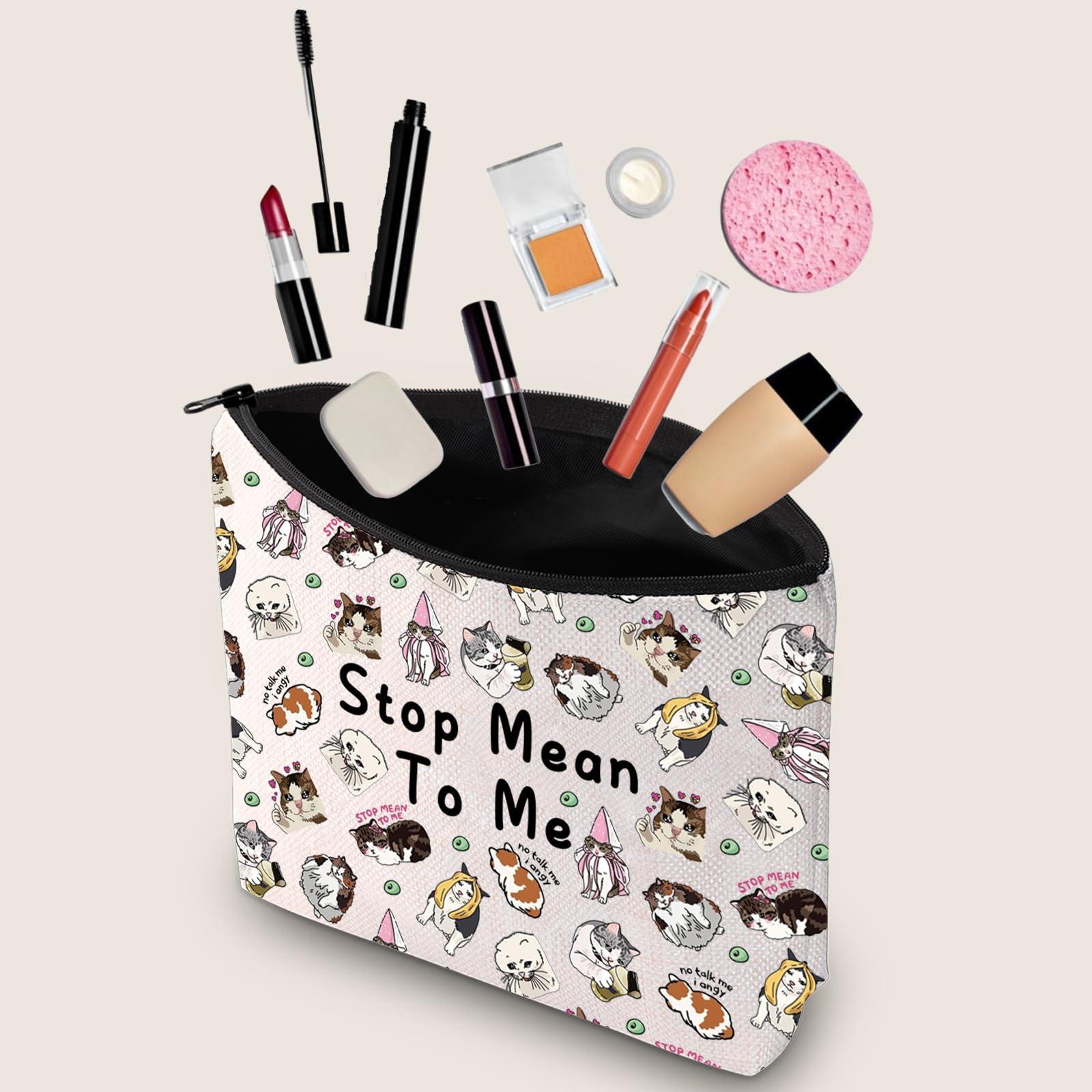 JXGZSO JXGZSO Cartoon Cat Makeup Bag Pet Cat Inspired Gift Stop Mean To Me Sad Cat Meme Cosmetic Bag Cat Theme Gift Animal Pouch