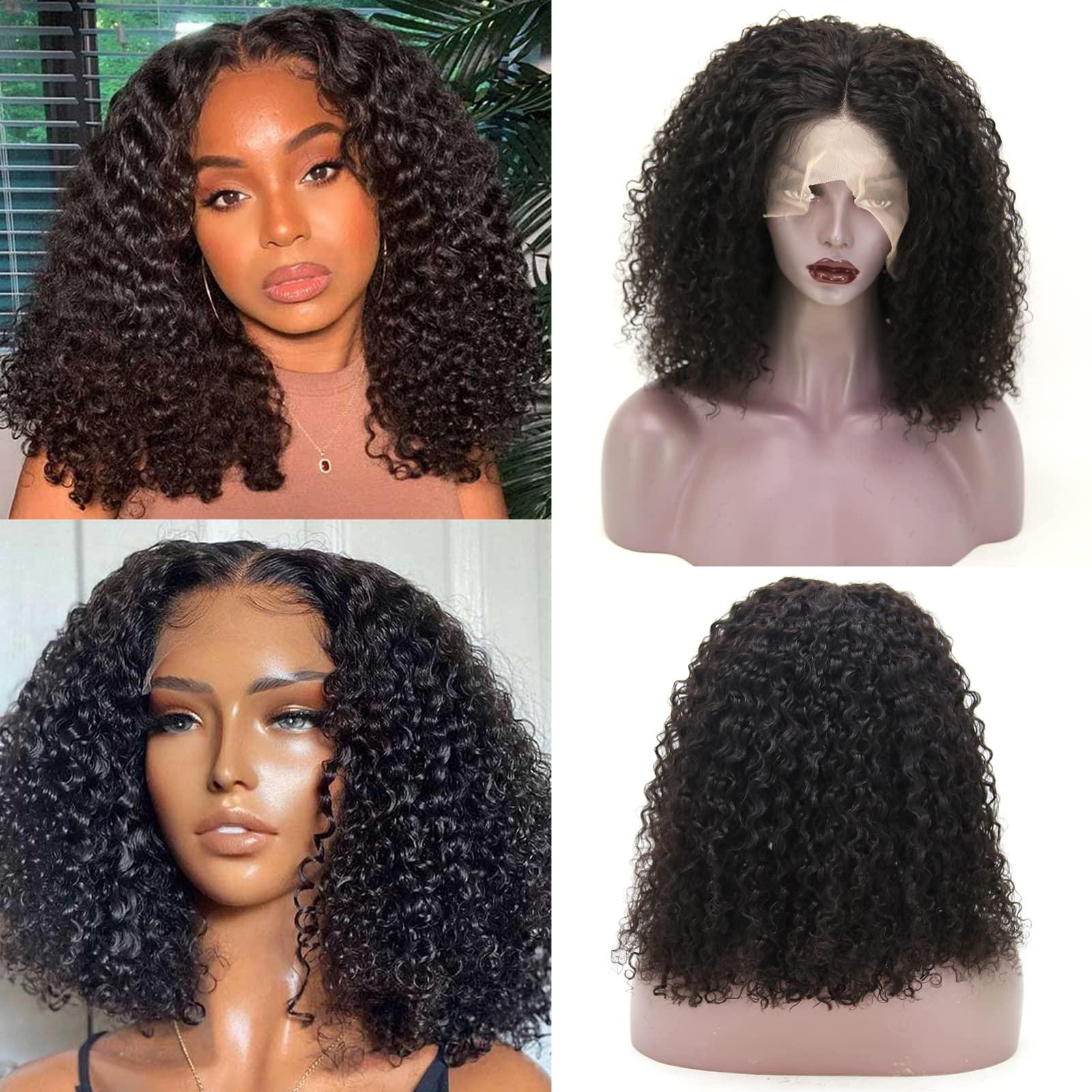zigzag hair zigzag hair Short Bob Curly Lace Front Wig Human Hair for Black Women 180% Density Loose Deep Curly HD Transparent 13x4 Lace Wig Middle Part Pre Plucked with Baby Hair (16 Inch, Curly)