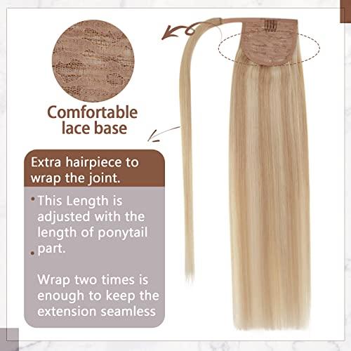 RUNATURE Buy Together Save More: #16p24 Light Blonde Mix Dark Blonde Ponytail Extension Human Hair 14Inch 70g and Clip in Hair Extensions 14Inch 80g (Total 2 Packs)