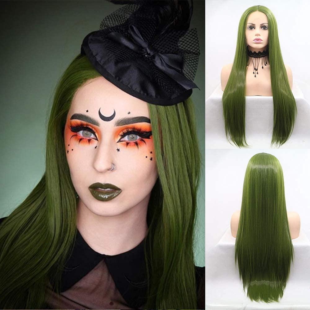 karissa Hair Green Wig Long Lace Front Wig for Women Olive Green Synthetic Wig Realistic Looking Handmade Straight Forest Green Lace Wigs Glueless Synthetic Heat Resistant Fiber Hair Cosplay 24 Inches