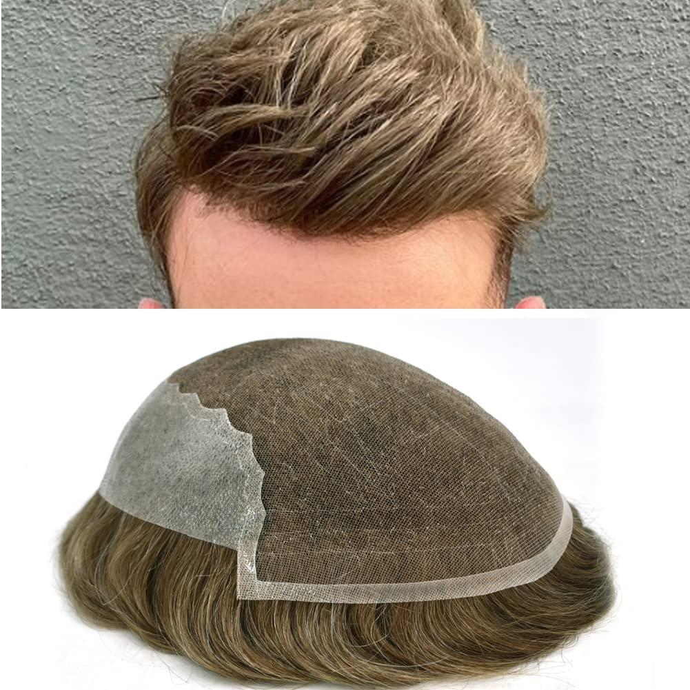 Generic Toupee for Men French Lace Front Mens Toupee Human Hair System Replacement Thin Skin with Lace Mens Hair Piece (7X9\"-100% Light to Medium Density, 17#DARK ASH BLONDE)