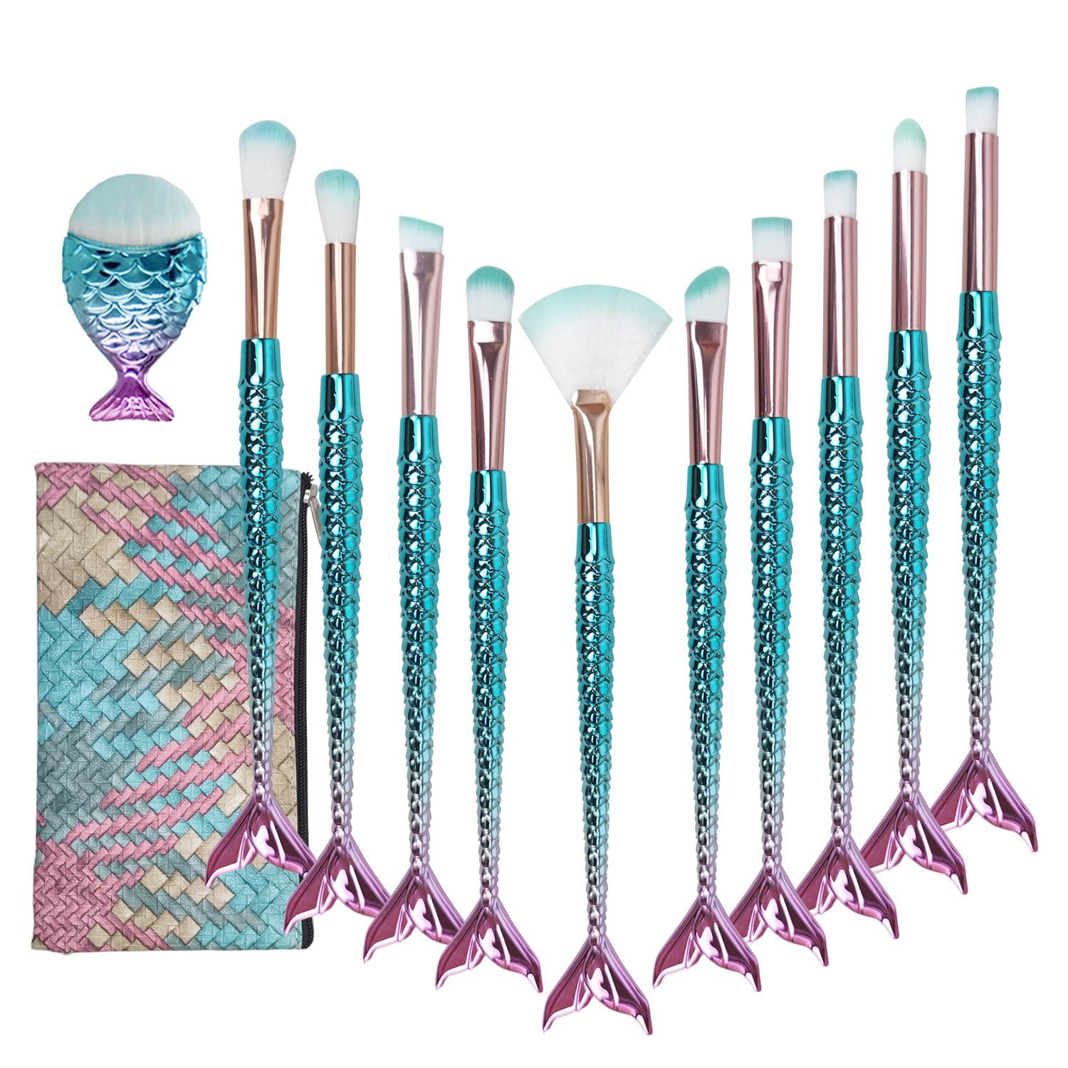 NIZIYI Mermaid Makeup Brushes Sets, Mermaid Makeup Cosmetic Brush Set Soft Nylon Bristles Beauty Brushes Kit Foundation Powder Cream Eyebrow Eyeliner Blush Cosmetic Concealer Brush with Bag