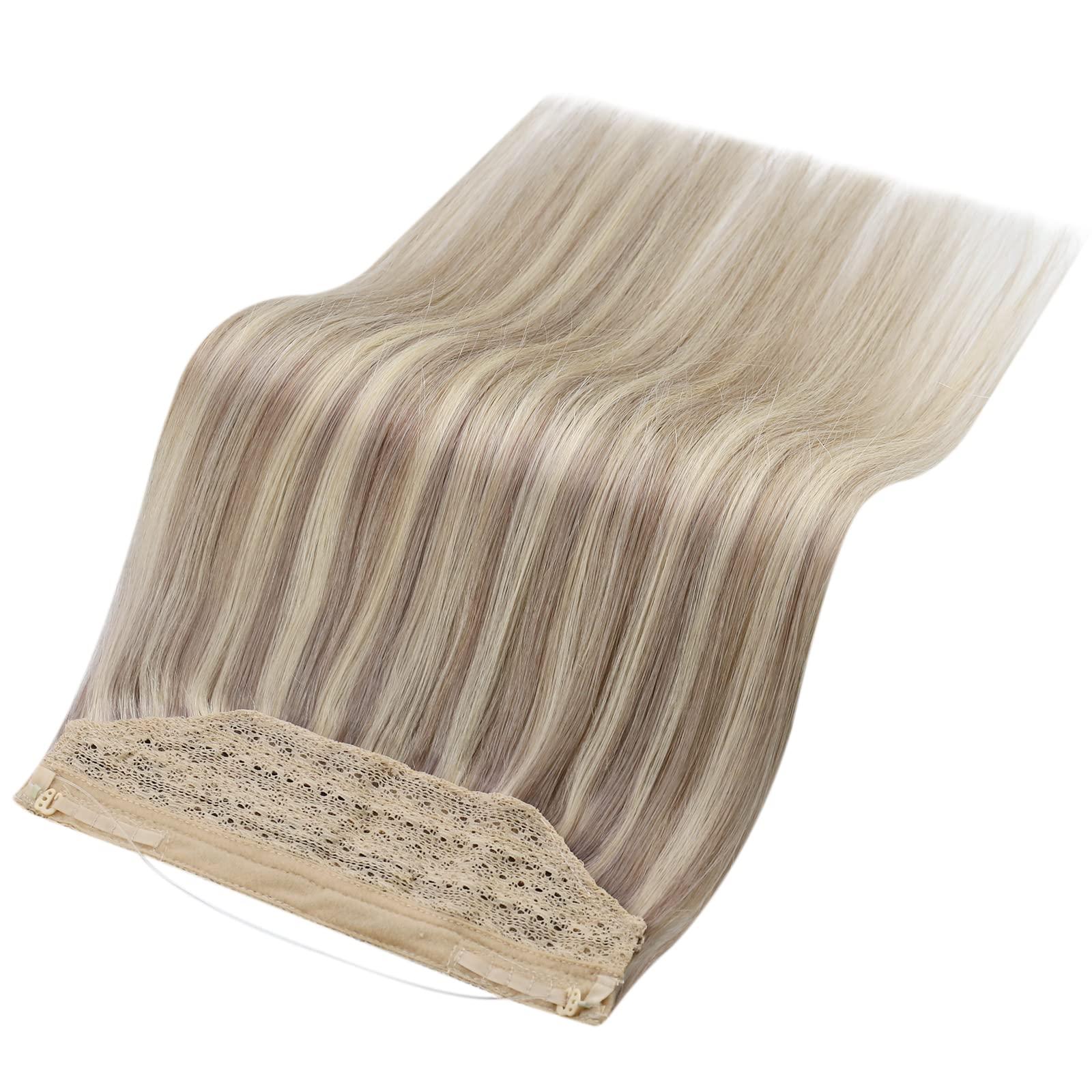 Fshine Fshine Invisible Wire Hair Extensions Real Human Hair Ash Blonde 18 Highlighted Bleach Blonde 613 One Piece Clip in Hair Extensions Soft Remy Human Hair Hidden Wire Human Hair Extension 20Inch 80G