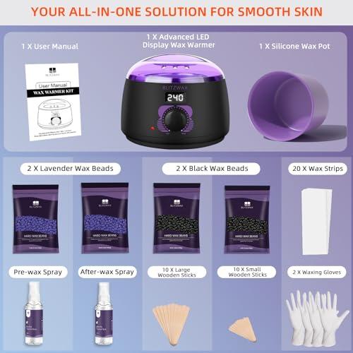 BLITZWAX BLITZWAX Waxing Kit for Women Men Digital Wax Kit Suitable for Sensitive Skin/Brazilian/Full Body/Bikini/Hair Removal Hard Wax Kit with 50 Wax Items for Home, Salon and Beginners