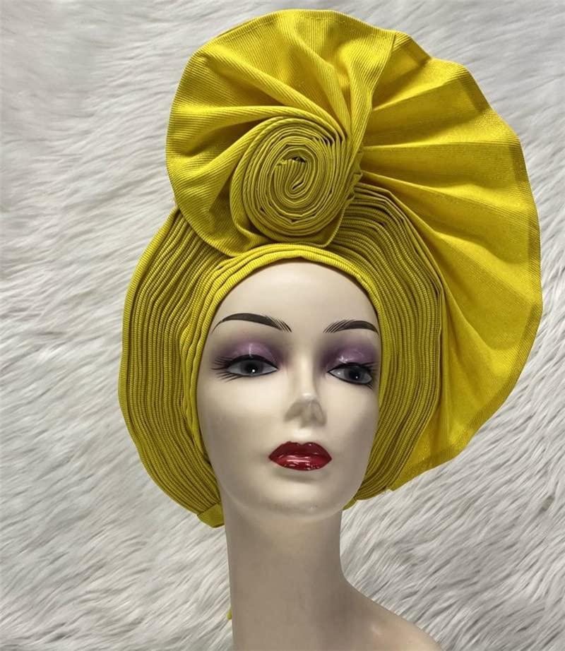 SugeGasa SugeGasa Auto Gele Headtie Already Made African Head Wraps For Women Turban Gelee Nigerian Aso Oke Bonnet Femme Headgear Fashion Headbands 1set (Yellow)