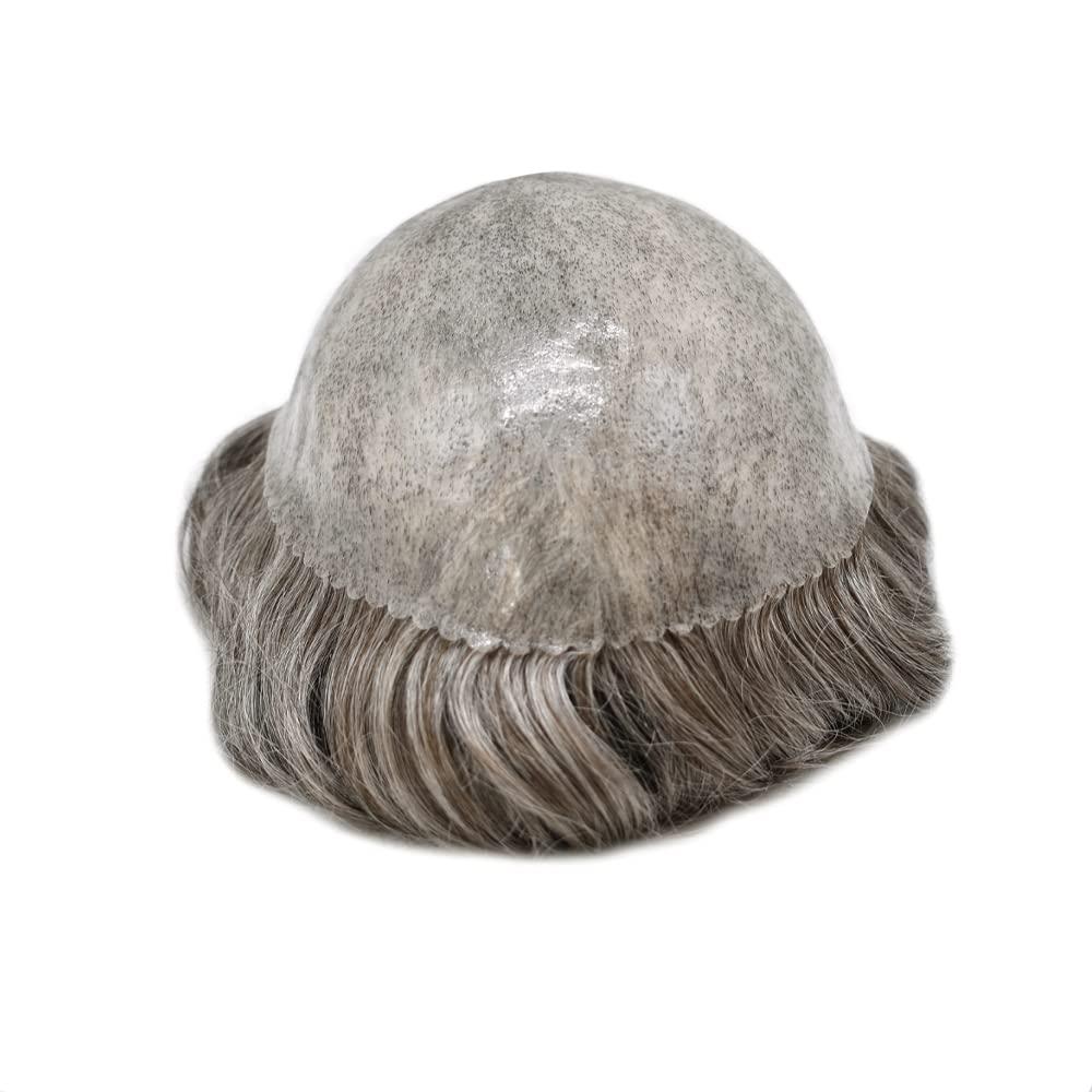 Generic Mens Toupee Hairpiece 100% Real Human Hair Toupee for Men Invisible Full Poly Coated Hair Replacement System Thin Skin Hair Prosthesis Pieces for Men8x10#565 5# MEDIUM LIGHT BROWN+65% Grey120%density
