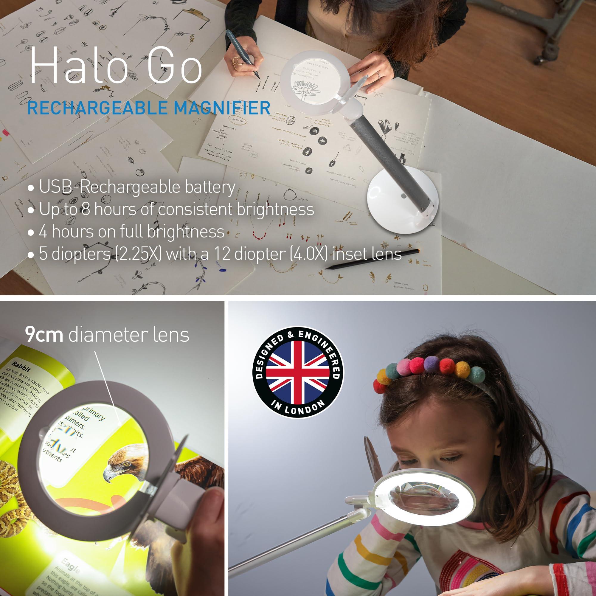 Daylight Daylight Company Halo Go Magnifier Lamp, Rechargeable USB, Portable, Lightweight, Desk Lamp Reading, Hobbies, Sewing, Crafts, Nail Salon, Handcrafts and More, Colour Temperature: 6,000 K, White