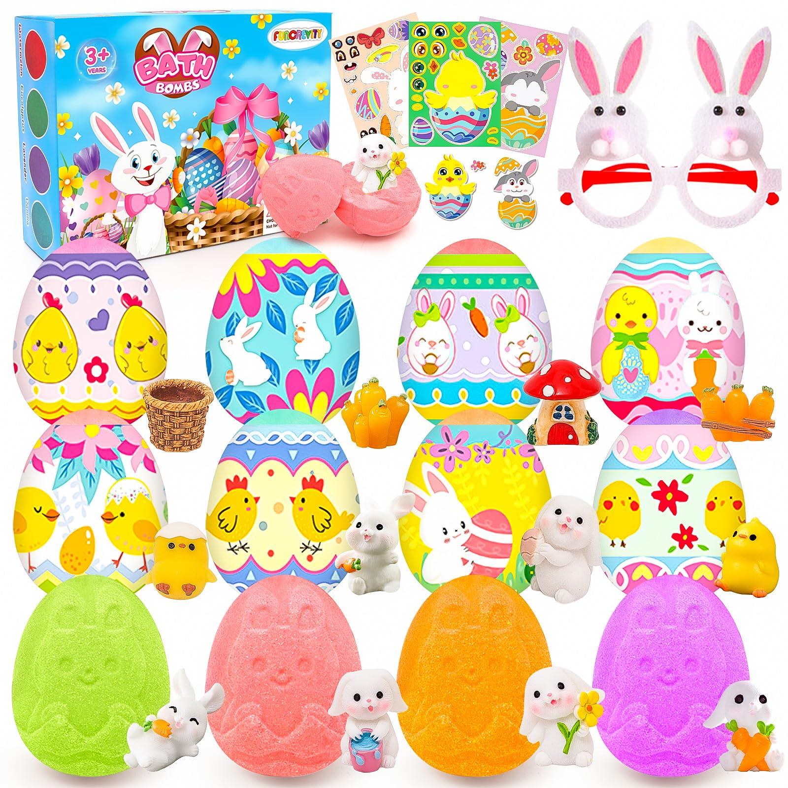 FUNCREVITY Easter Bath Bombs with Toys Inside for Kids Girls Boys Easter Basket Stuffers Handmade Fizzy Easter Eggs Balls Organic Bubble Bath Bombs for Easter Party Favor Easter Gift Set