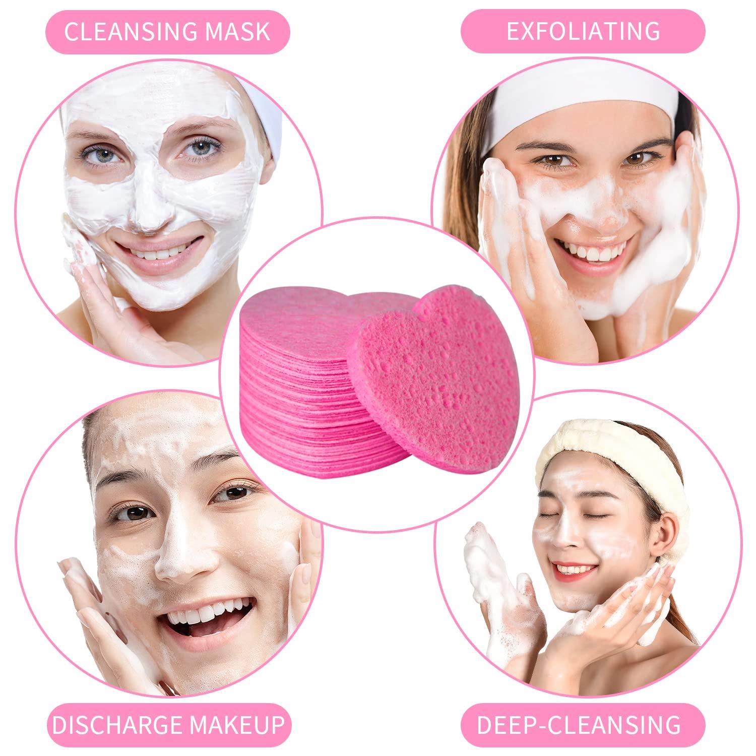 Spunspon 50 - Count Little Heart Cellulose Facial Sponges + 8pcs Wet and Dry Dual-use Makeup Puff, Pink