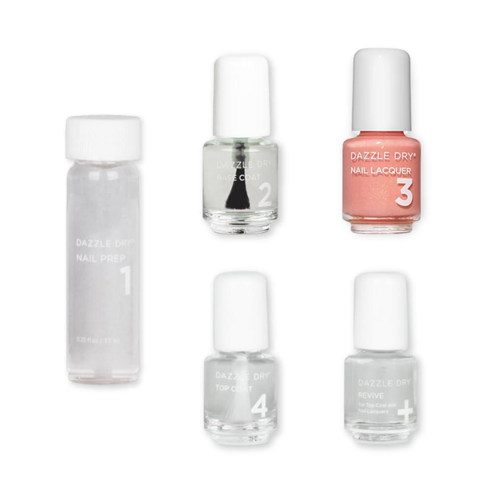 Dazzle Dry Dazzle Dry Mini Kit 4 Step System - Sunset Glow - A semi-sheer peach with a subtle orange/gold shimmer. Semi-sheer shimmer. (5 Piece Kit / 5 Manicures)