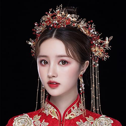 Getrelax Getrelax Chinese Wedding Bride Hair Accessory Chinese Crown Wedding Hair Accessories Red Flower Floral Beaded Flapper Headband Jeweled Bridal Wedding Tiara