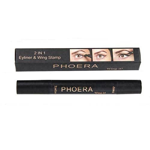 Phoera Phoera 2 in 1 Wing Cat Eye Liner + Stamp Winged Long Lasting Liquid Eye Liner Waterproof & Smudge proof Makeup Black Eyeliner Pen Winged Eyeliner Pencil - AQUAPURITY (THICK STAMP EYELINER)