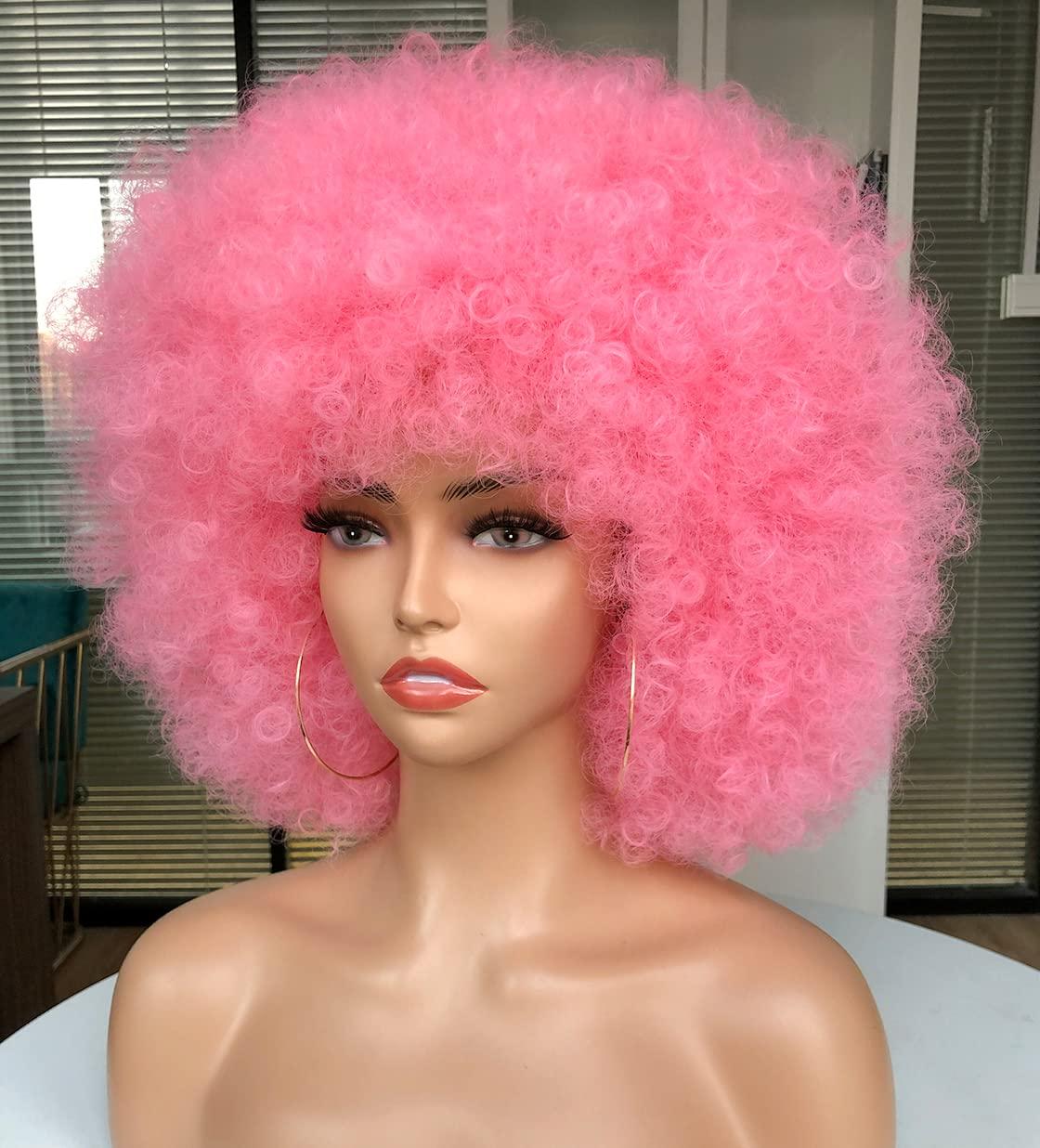 CURLCRAZY CURLCRAZY 70s Afro Wig with Bangs Short Afro Kinky Curly Wig for Black Women Large Bouncy and Soft Natural Looking Halloween Party Christmas Cosplay Wigs (Pink)