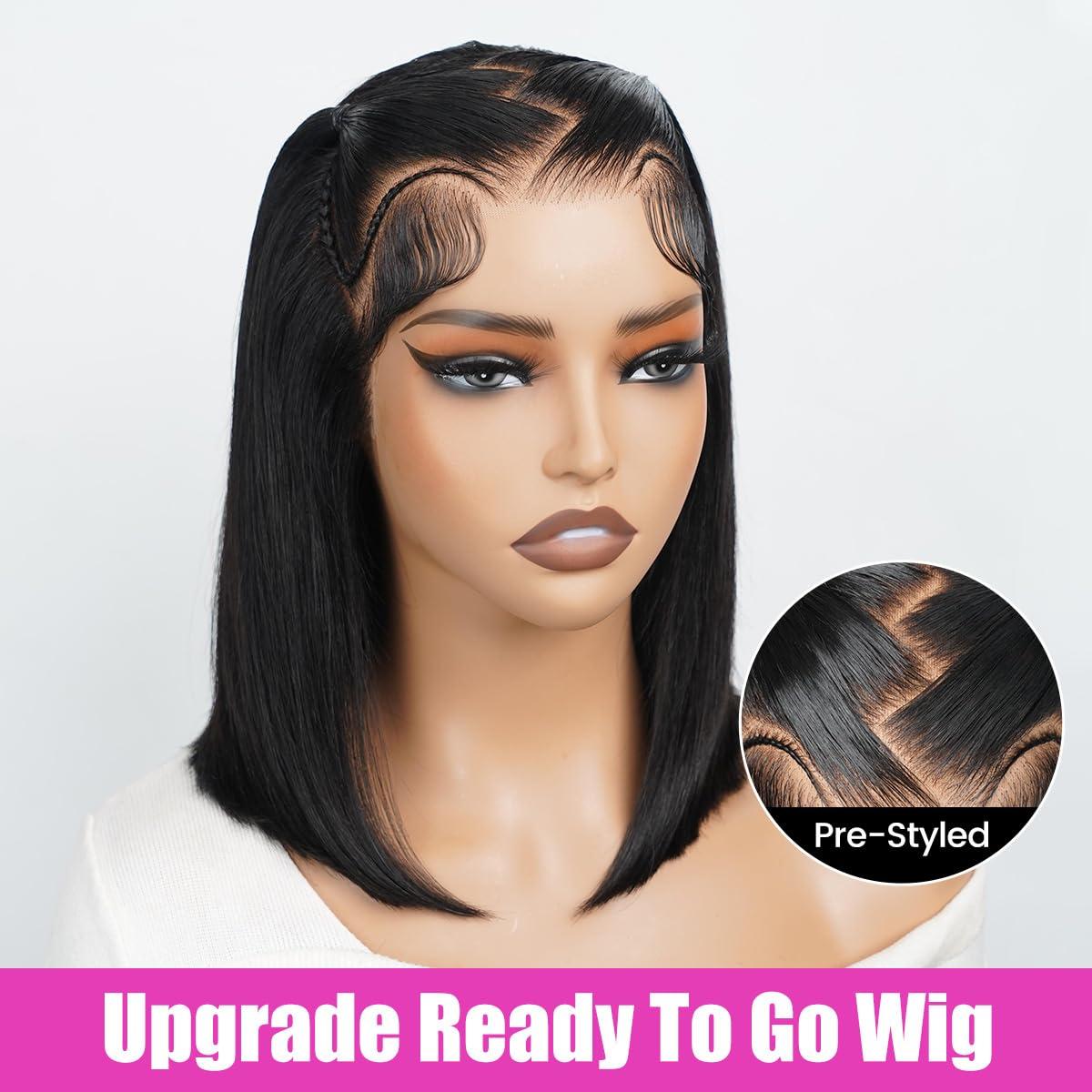 Ali Pearl Alipearl Hair 250% Density Glueless Styled Short Bob Wig Straight Pre-Styled 13x4 Ready to Go Lace Frontal Wig Put On and Go Human Hair Wigs Pre Bleached Pre cut Pre Plucked 14 Inch