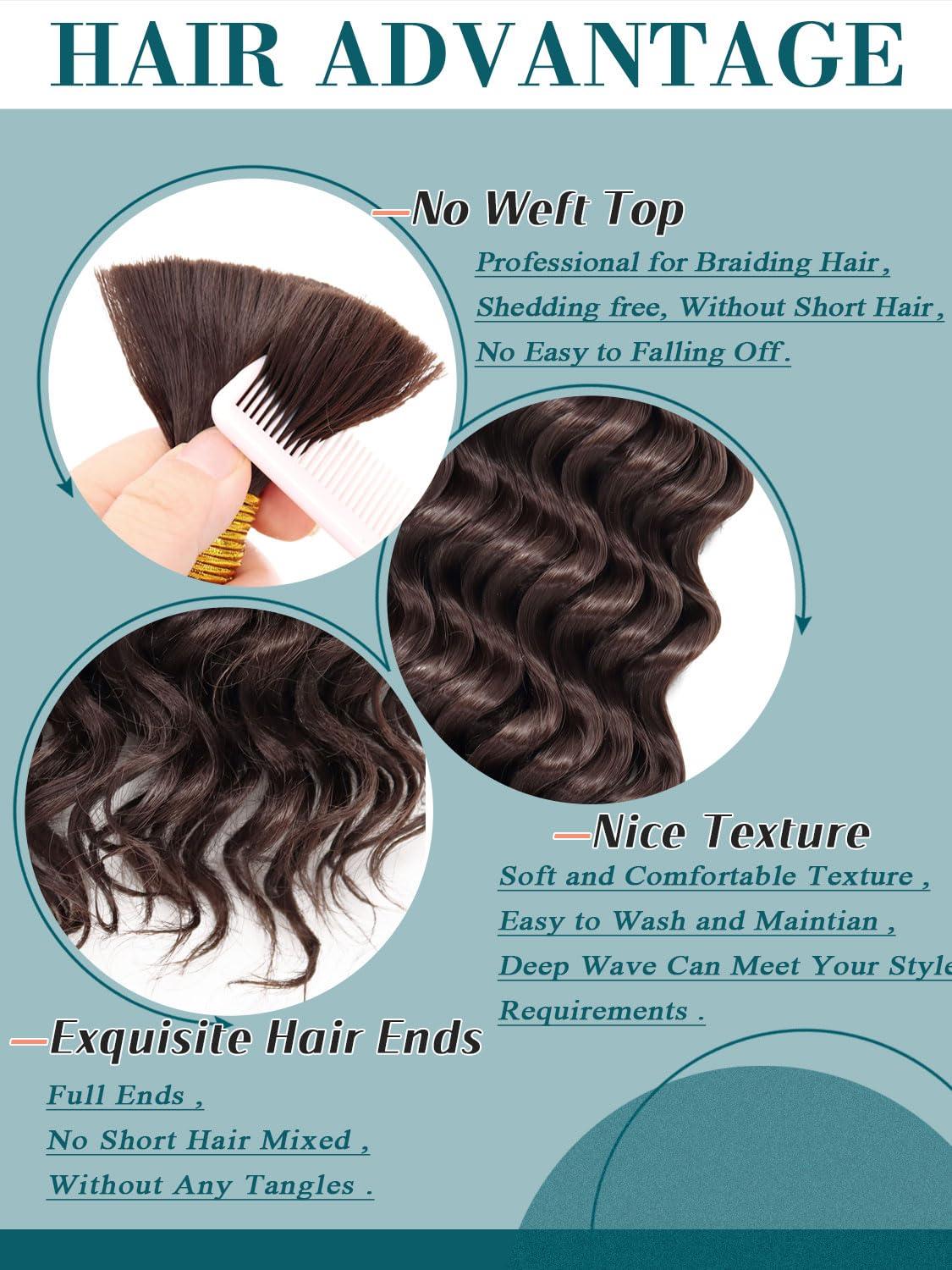 Wassai Deep Wave Bulk Hair for Braiding Dark Brown Curly Hair for Bohemian Knotless Braids 2 Boundle Boho Braids Curs 200g 20 Inch Boho Hair for Micro Braiding No Weft