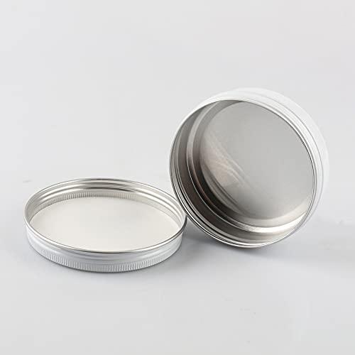 Dlibuy DLIBUY 50 Pcs 100ml 100g Empty Round White Aluminum Tin Jars with Screw Lids Cosmetics Lip Balm Containers Pots for DIY Candle Salve Powder Crafts Storage Cans 3x Alu Spoon, 50x Ø 7cm Labels