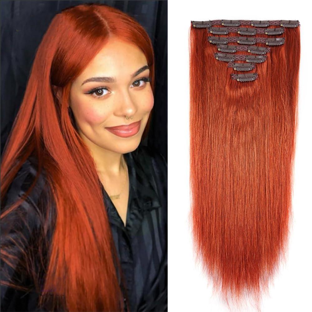 Kiss darling LASHES Straight Clip In Hair Extensions Real Human Hair 28 Inch 7pcs 120g Remy Real Hair Extension Clip ins #350 Copper Red Silky Straight Full Head Soft Natural Extension