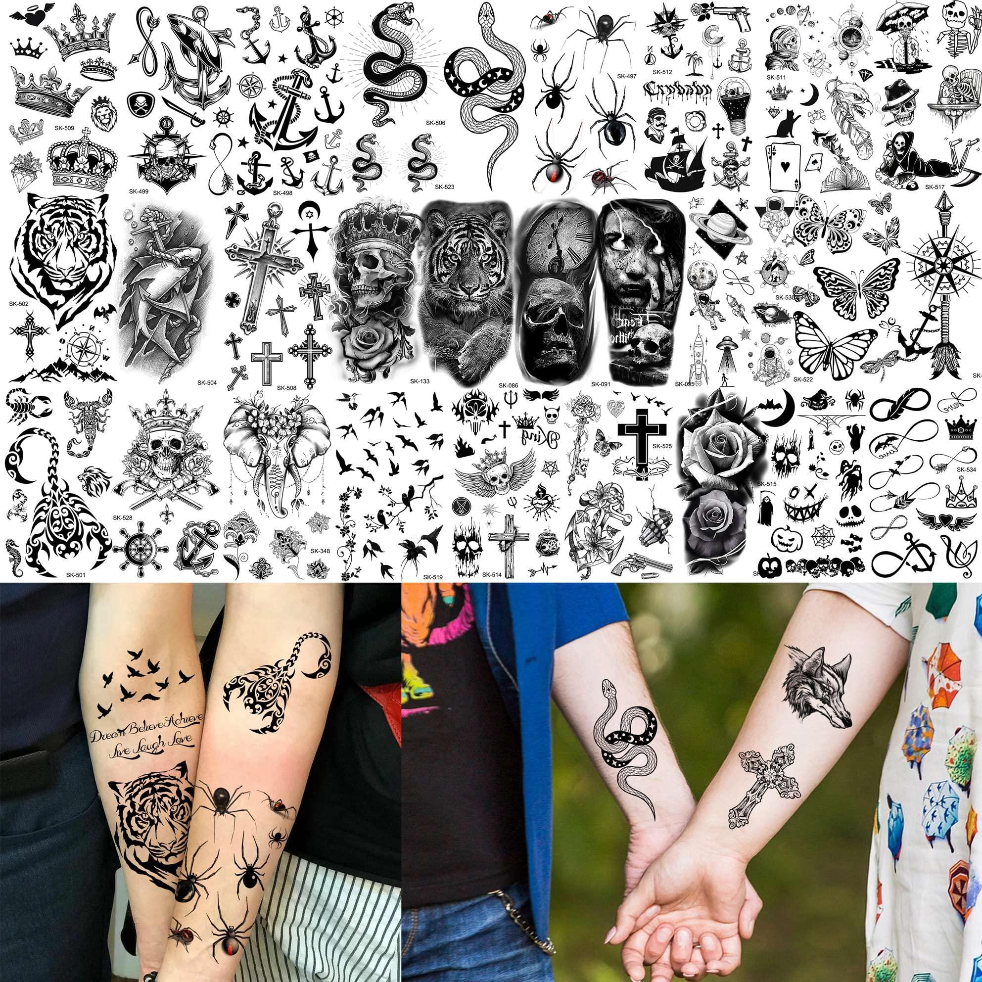 Bilizar Bilizar 48 Sheets 3D Small Temporary Tattoos For Kids Women Neck Girls Arm Boys, Temp Tiny Halloween Tattoo Stickers Men Spider Cross Scorpion Snake Tiger Lion, Flower Ghost Skull Fake Tatoos Acnhor