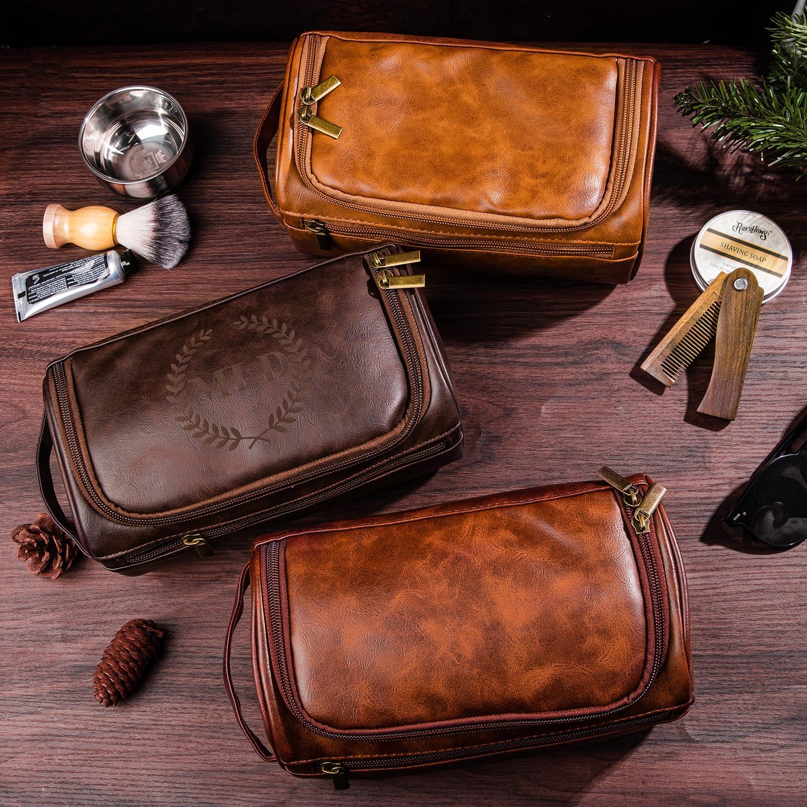 Bleggeit Bleggeit Personalized Leather Toiletry Bag For Men with Hook, Groomsmen Gifts Travel Bag Laser Engraved Name Monogram Leather Gift For Him Husband Father Leather Dopp Kit with Side Handle