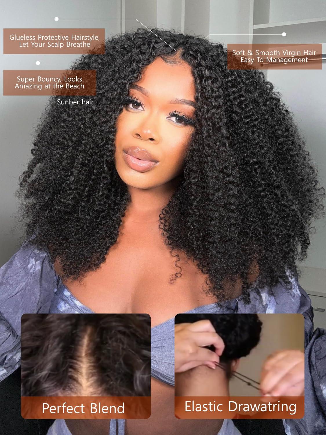 Sunber Sunber EasiContour V Part Wigs Human Hair Kinky Curly Upgrade Glueless U Part Human Hair Wig V Part Kinky Curly No Leave Out No Gel Beginner Friendly Clip in Vpart Wig 150% Density 14Inch
