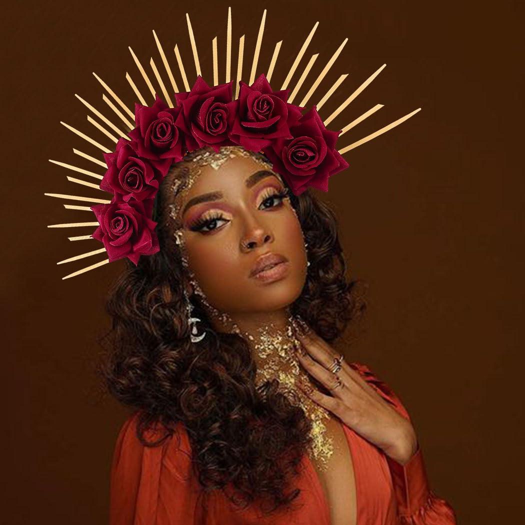 BARTOSI BARTOSI Halo Crown Mexican Flower Headband Spiked Crown Goddess Headpiece Mary Halo Crown Halloween Party Cosplay Costume Headwear for Women