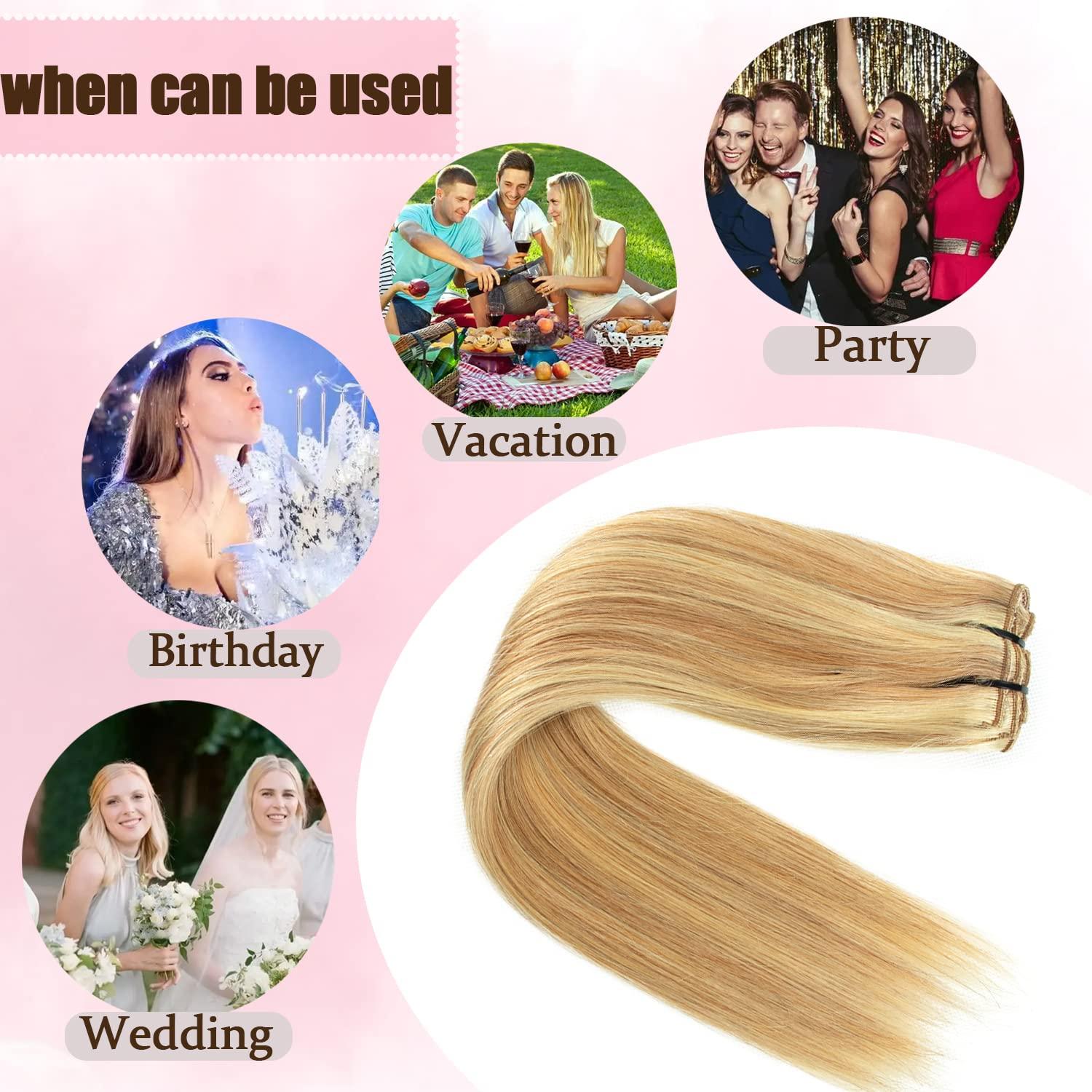Tahikie Human Hair Clip in Extensions Dark Blonde Highlighted Bleach Blond Full Head Silky Straight Clip in Natural Remy Human Hair Extensions 120g 8pcs (22 inch, 18/613)
