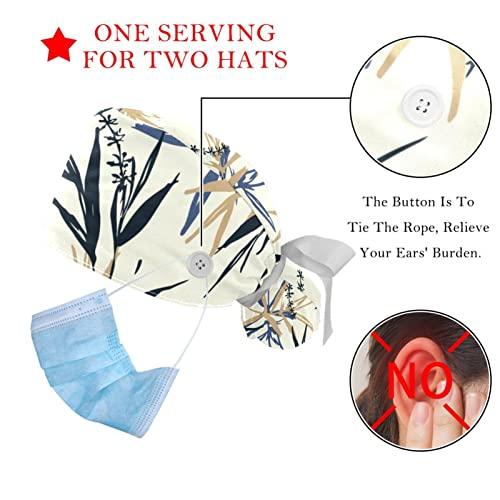 Lyetny Blue and Beige Bamboo Leaves and Flower Oriental Scrub Caps Hats Women Bouffant Working Hat Ponytail Holder for Women Long Hair Covers 2PCS