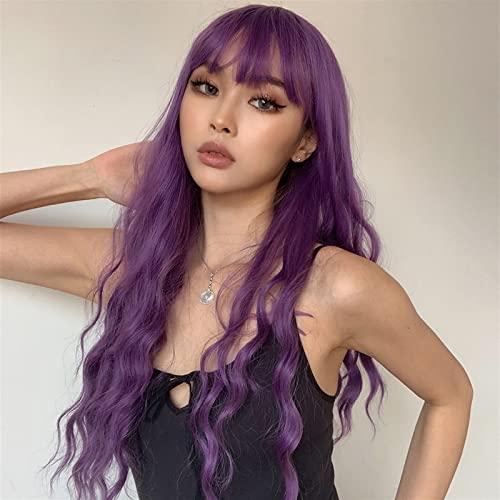 mengli-99 mengli-99 Wigs for Women Dark Purple Synthetic Wig with Bangs for Women, Super Long Body Wavey Hair Wigs Soft Breathable Heat Resistent Fiber Wigs for Daily Cosplay Party Wig for Daily Party Use
