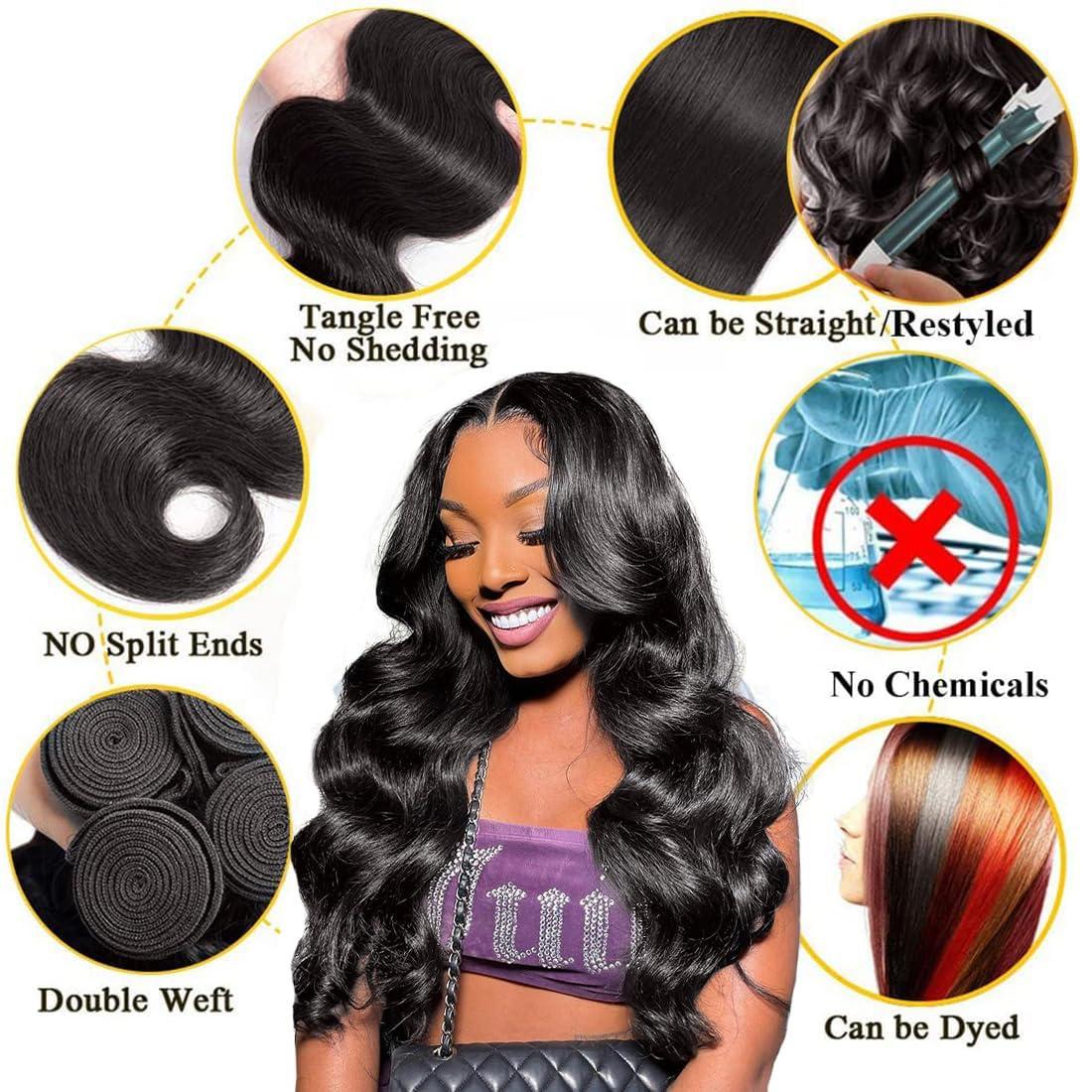 InsQueen 3 Bundles Human Hair 10A 100% Unprocessed Brazilian Virgin Human Hair Body Wave (18 20 22 Inch, Natural Black)