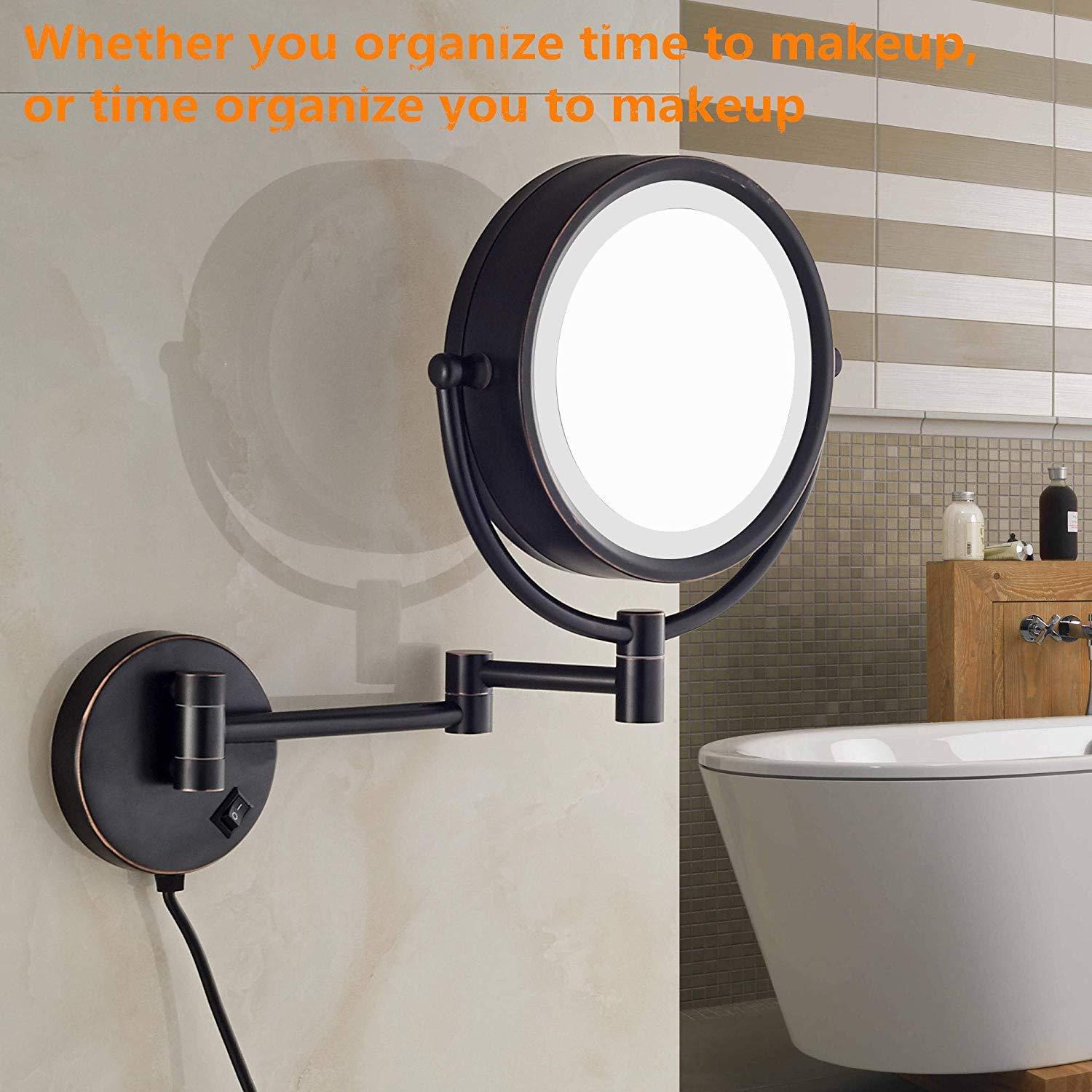 RomildaYuan RomildaYuan Wall Mount Makeup Mirror 5X Magnifcation with Lights, Wall Mount Vanity Mirror Oil Rubbed Bronze, Double Sided Bathroom Magnifying Mirror LED Lighted with Plug, 8.5 Inch, Brass