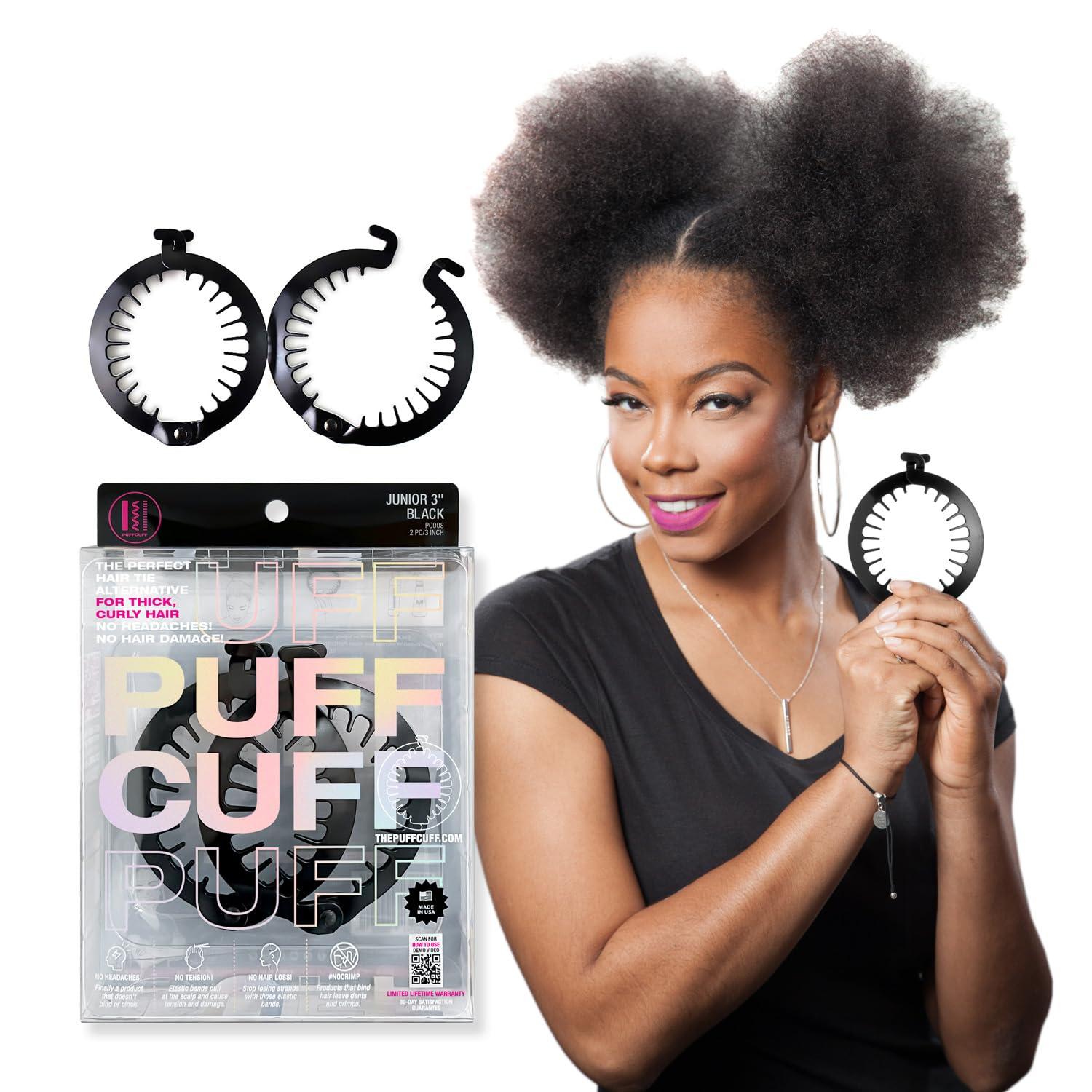PuffCuff PuffCuff Junior 3\" Hair Clamp, For All Natural Curly, Thick, Kinky, Textured, Locs, or Braided Hair, Painless, Damage-Free Styling Tool Made Specifically for Big Hair, Black, 2 Pieces