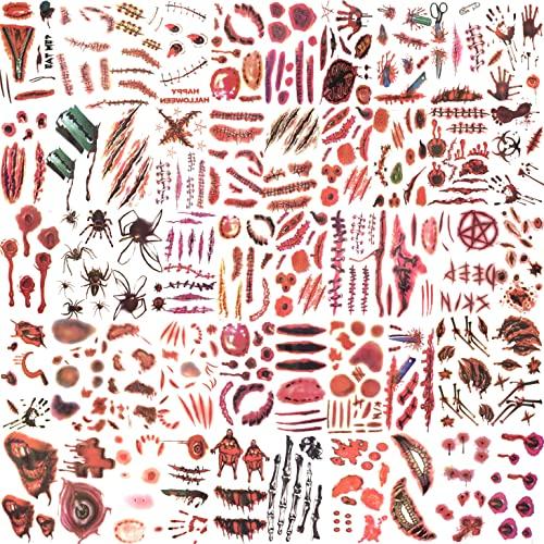JOEHAPY JOEHAPY 435+ PCS 50 Sheets Halloween Fake Scar Tattoos Sticker, 3D Chucky Stitches Tattoo For Women Men Adult Kids Boys Girls, Fake Blood Wound Cut Zombie Tattoos Halloween Face Makeup Kit Set Decals