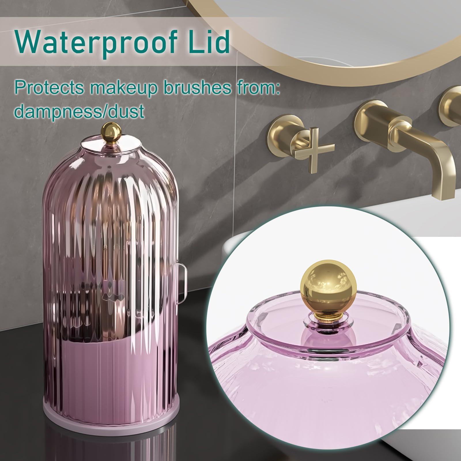 GAXmi GAXmi Makeup Brush Holder with Lid Cosmetic Tools Organizer 360 Rotating Waterproof Dustproof Makeup Brushes Storage for Vanity, Pink-Purple