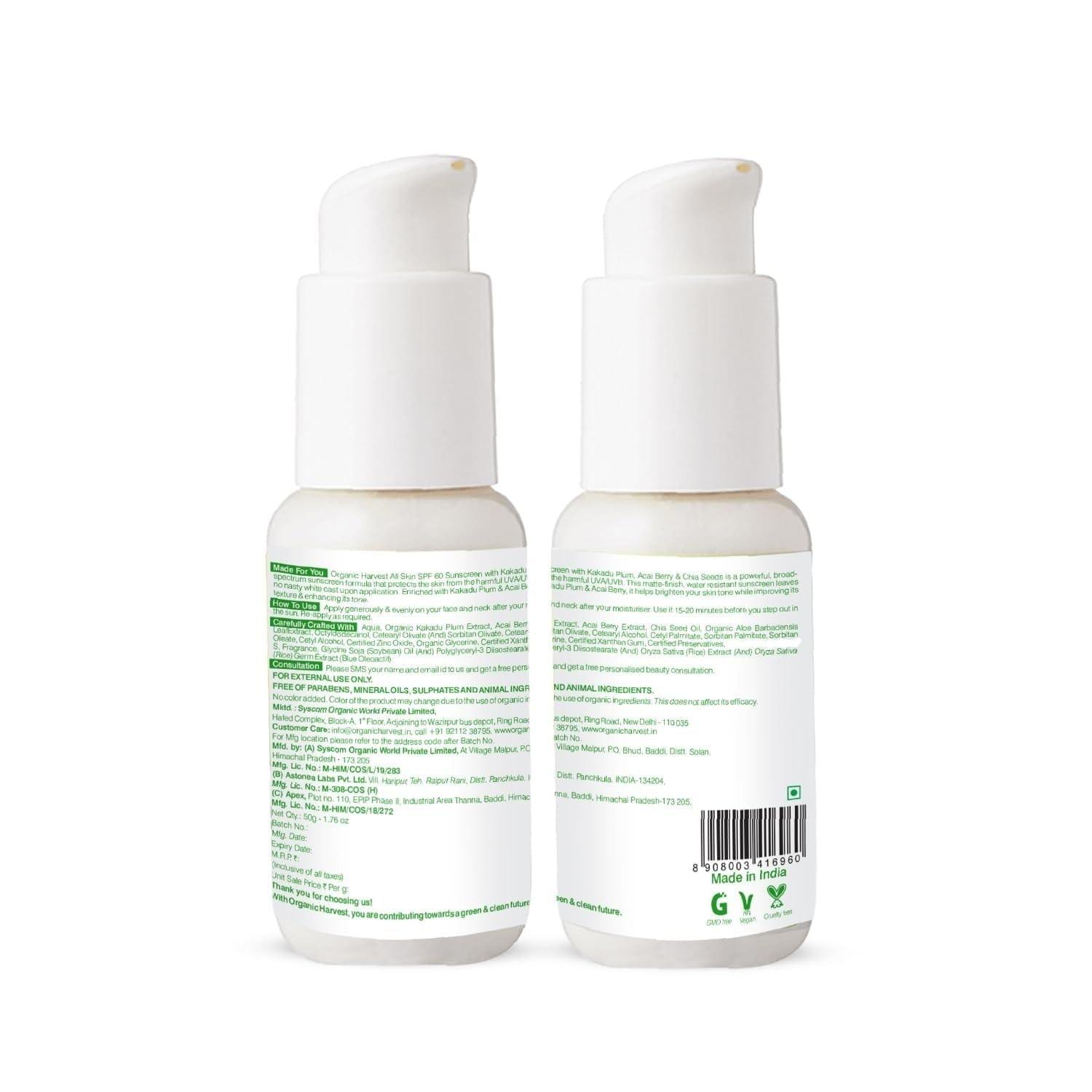 Generic All Skin SPF 60 Sunscreen: Kakadu Plum, Acai Berry & Chia Seeds | Sunscreen for Dry & Oily Skin | 100% American Certified Organic | 50gm