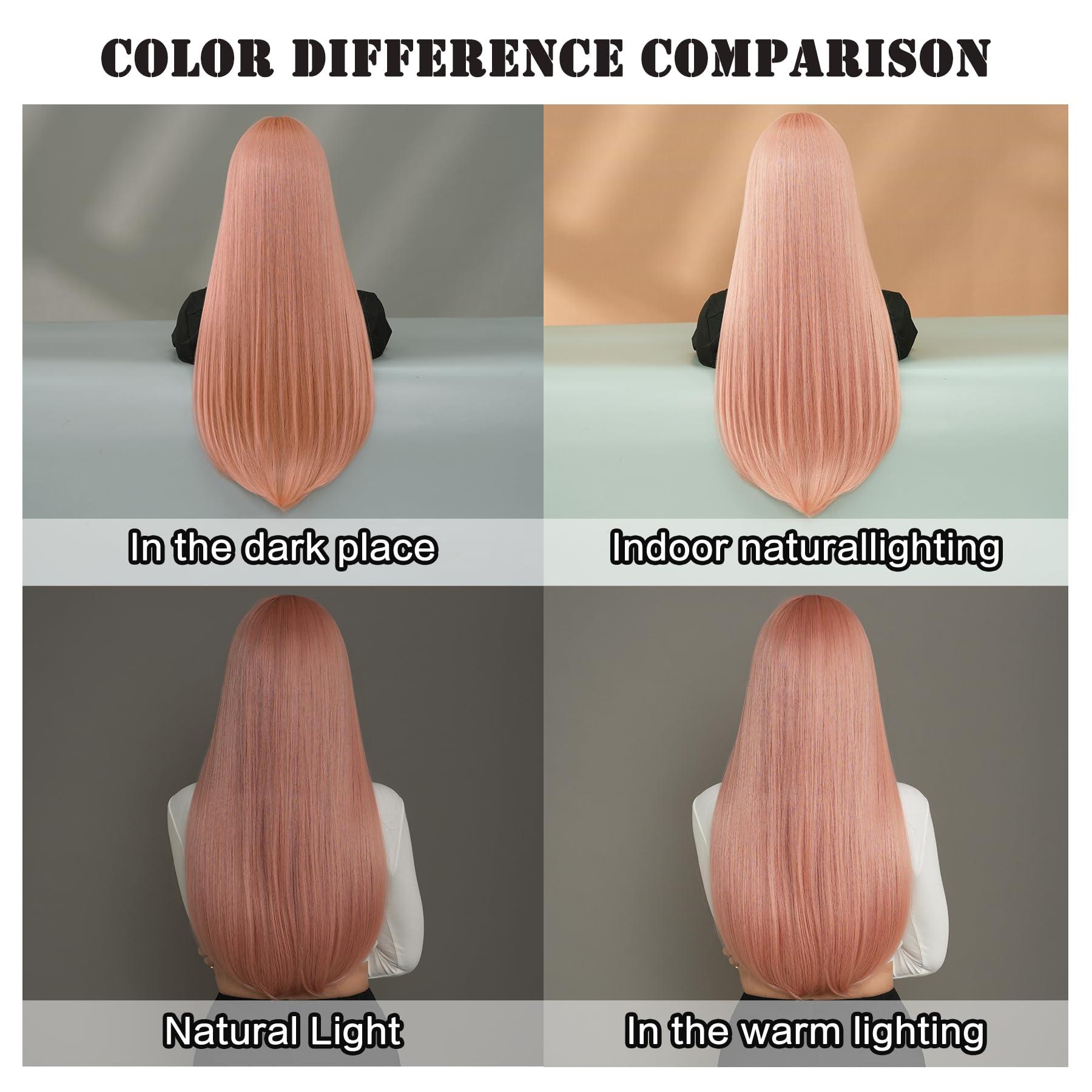 7JHH WIGS 7JHH WIGS Long Straight Light Pink Wig with Bangs 28in Wig with Pale Orange Natural Heat Resistant Fiber Synthetic Wigs for Women Girls Holiday Festival Chrismas Daily Party Used