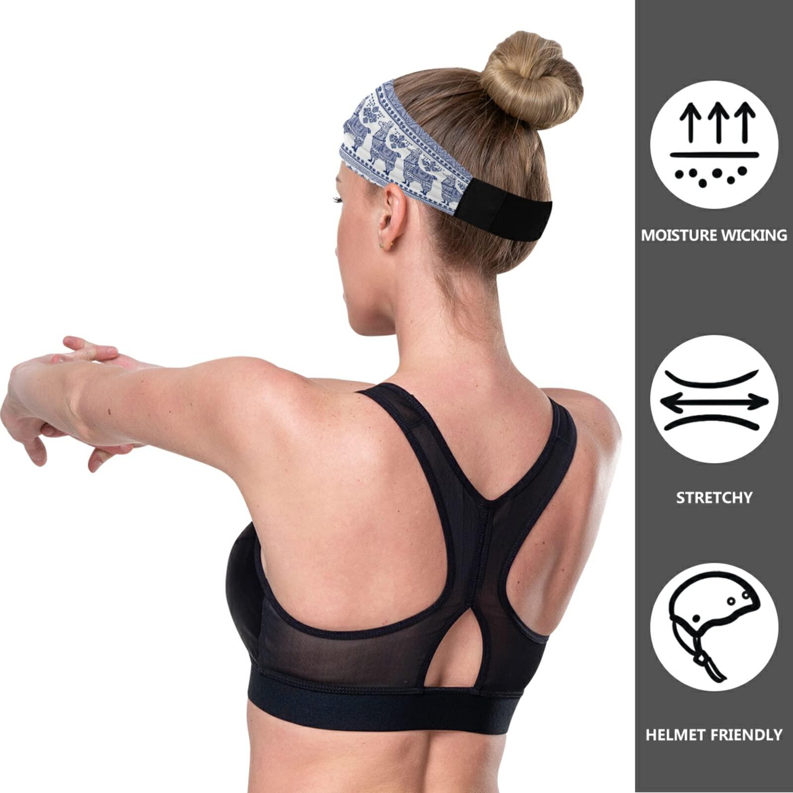 Poeticcity Blue Alpaca Llama Animal with Ethnic Tribal Ornaments Women's Headband, Stretchy Sweatband Breathable Head Wraps Sweat Wicking Elastic Hair Bands Head Scarf for Sports Yoga
