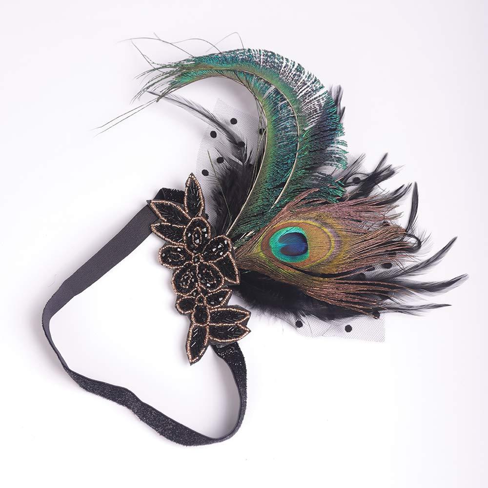 Aimimier Aimimier 1920s Flapper Peacock Feather Headband Beaded Sequined Costume Headpiece with Elastic Band Carnival Party Showgirl Roaring Hair Jewelry