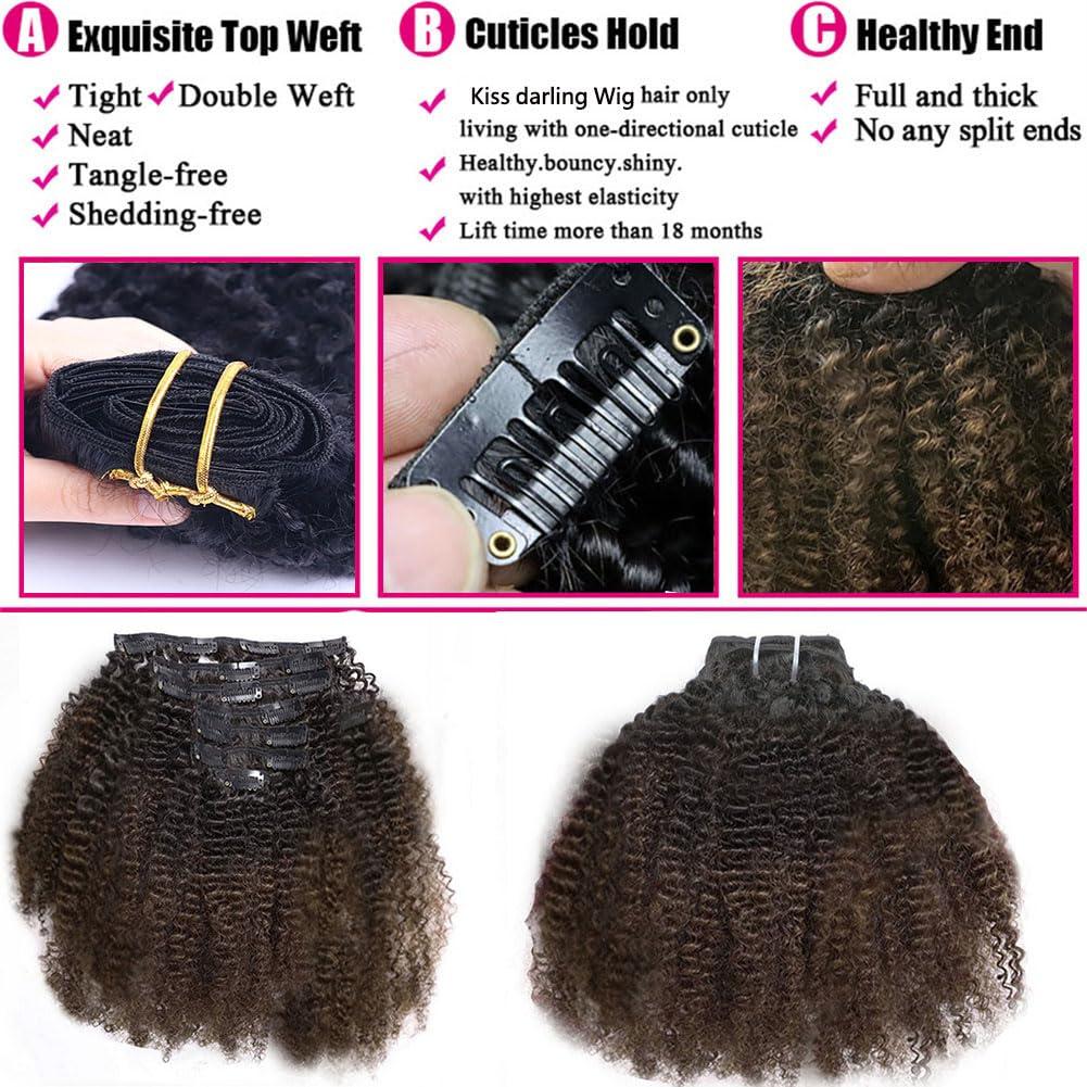 Kiss darling LASHES 4B 4C Afro Kinky Curly Clips in Human Hair Extensions for Women, Two Tone T#1B/4 Black to Brown Ombre Mongolian Curly Virgin Human Hair Clip Ins Extensions 20\"inch