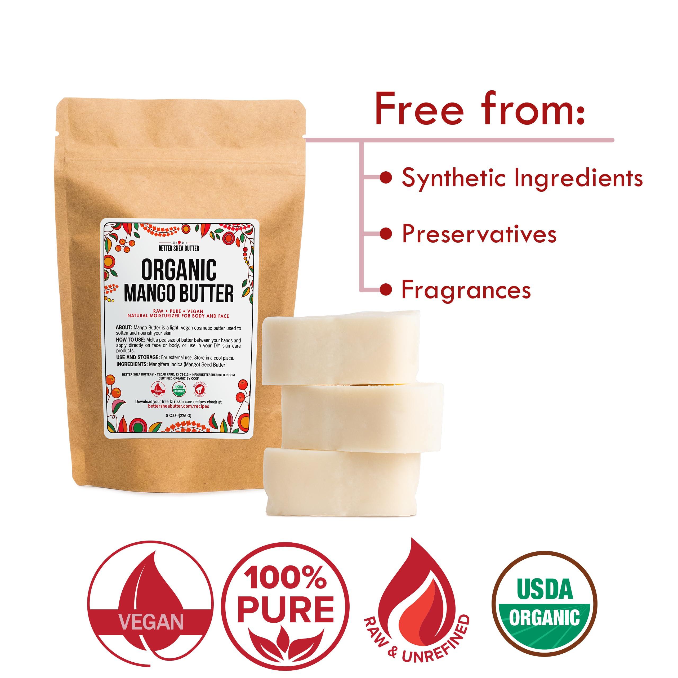 Better Shea Butter Organic Mango Butter - Raw Organic Unrefined Mango Seed Butter for Skin Care, Body Butter & Hair - Pure Mango Butter Cold Pressed for Soap Making, Mango Lotion | Natural Skin Moisturizer 8 oz