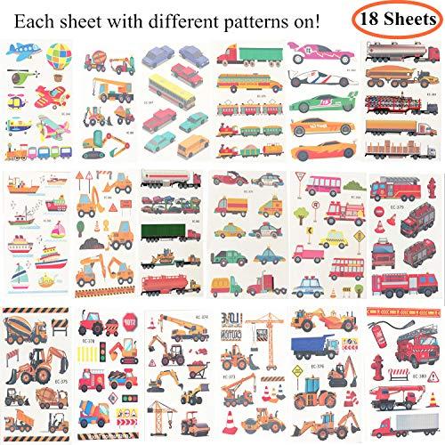 Oexper Oexper 18 Sheets of Construction Vehicle Temporary Tattoos Cars Fire Trucks Buses Transportation Tattoo Stickers for Boys Girls Kids Adults Birthday Party Car Themed Party Supplies Party Favors