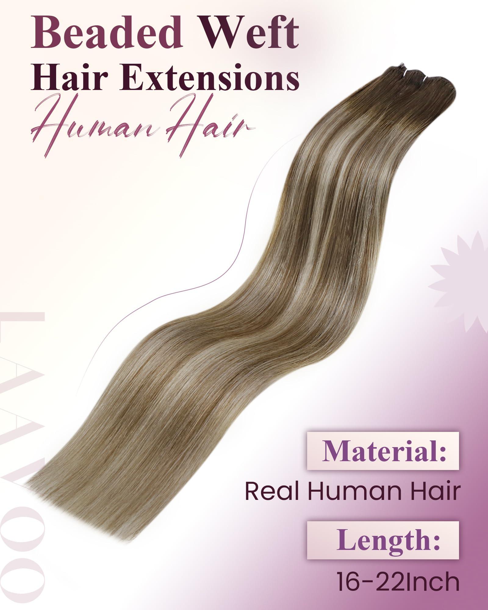 LAAVOO LaaVoo Beaded Weft Hair Extensions Human Hair Microbead Extensions Ombre Micro Beads Weft Human Hair Extensions Brown to Light Brown Mix Blonde Beaded Weft Extensions Human Hair 50G 18 Inch