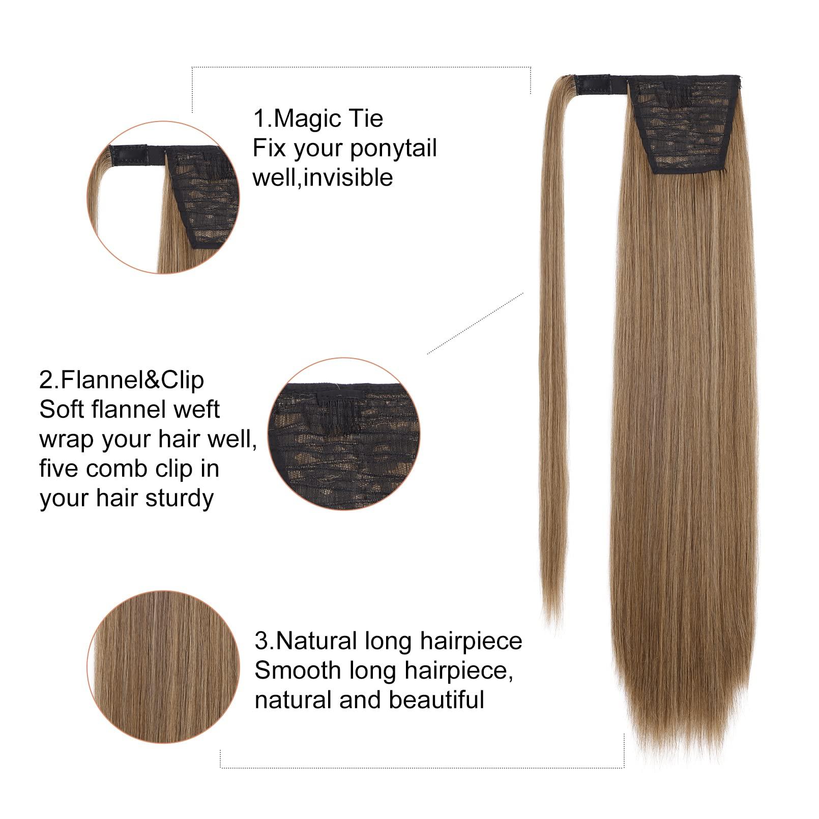 SEIKEA SEIKEA 28 Inch Clip in Ponytail Extension Wrap Around Long Straight Pony Tail Hair Synthetic Hairpiece for Women Color Ash Blonde with Golden Blonde