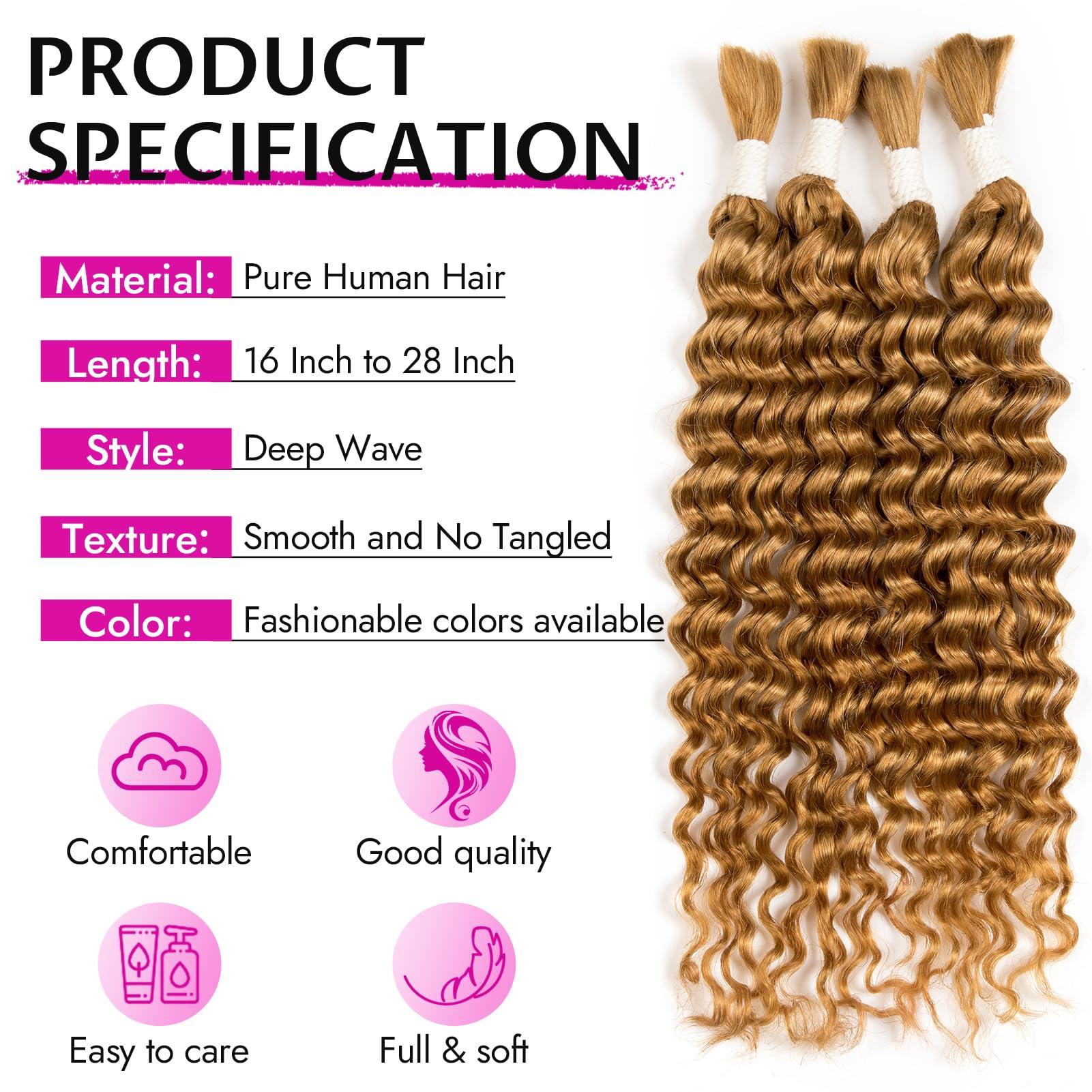 DUZIKAI 26 Inch Human Braiding Hair Deep Water Wave 2 Bundles/Pack 50g, Bulk Human Hair Braiding Hair for Boho Braids Honey Blonde, Curly Wet and Wavy Braiding Boho Human Hair for Braiding No Weft