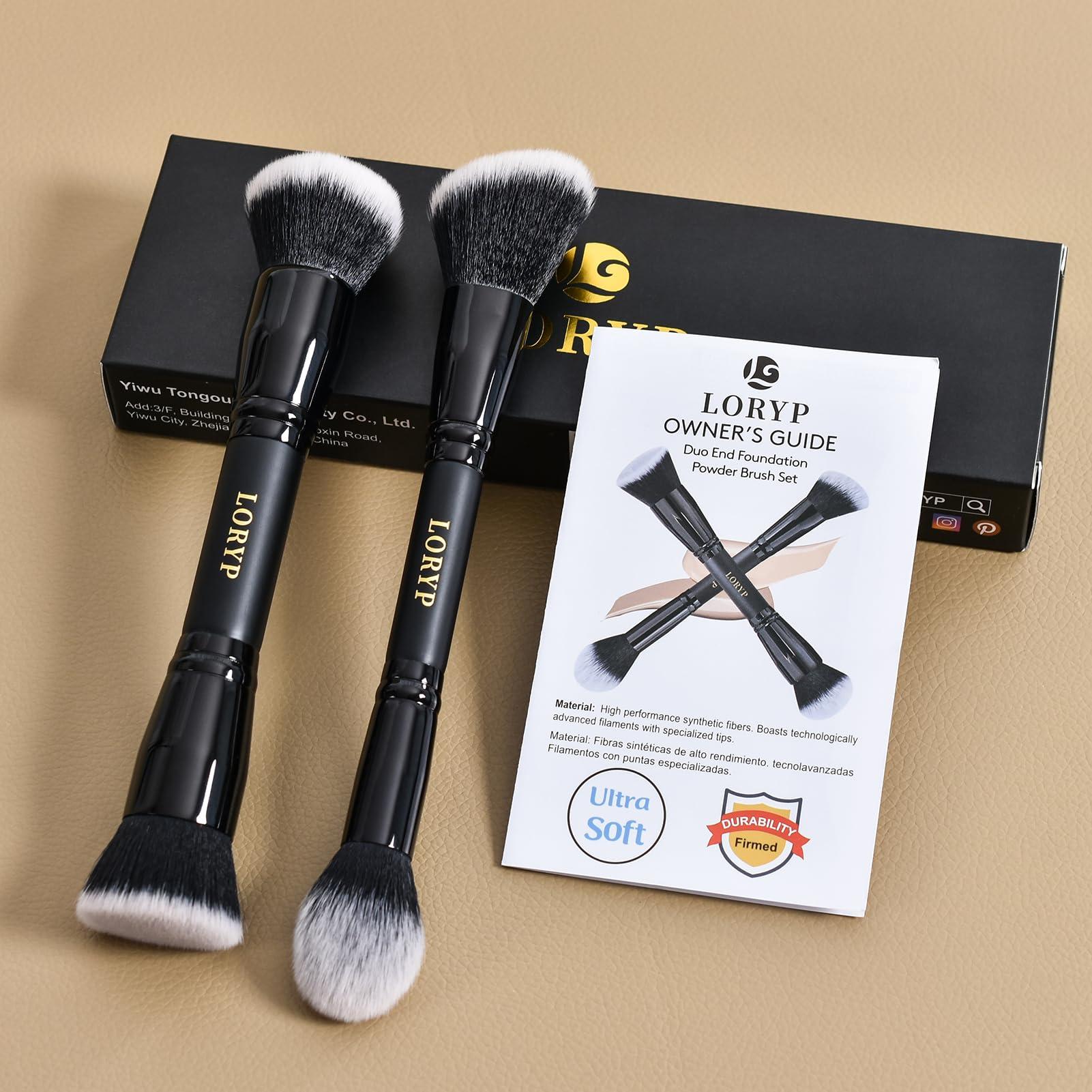 LORYP LORYP Black Makeup Brushes 2Pcs Duo End Foundation Powder Brush Set with Makeup Brush Holder Crystal