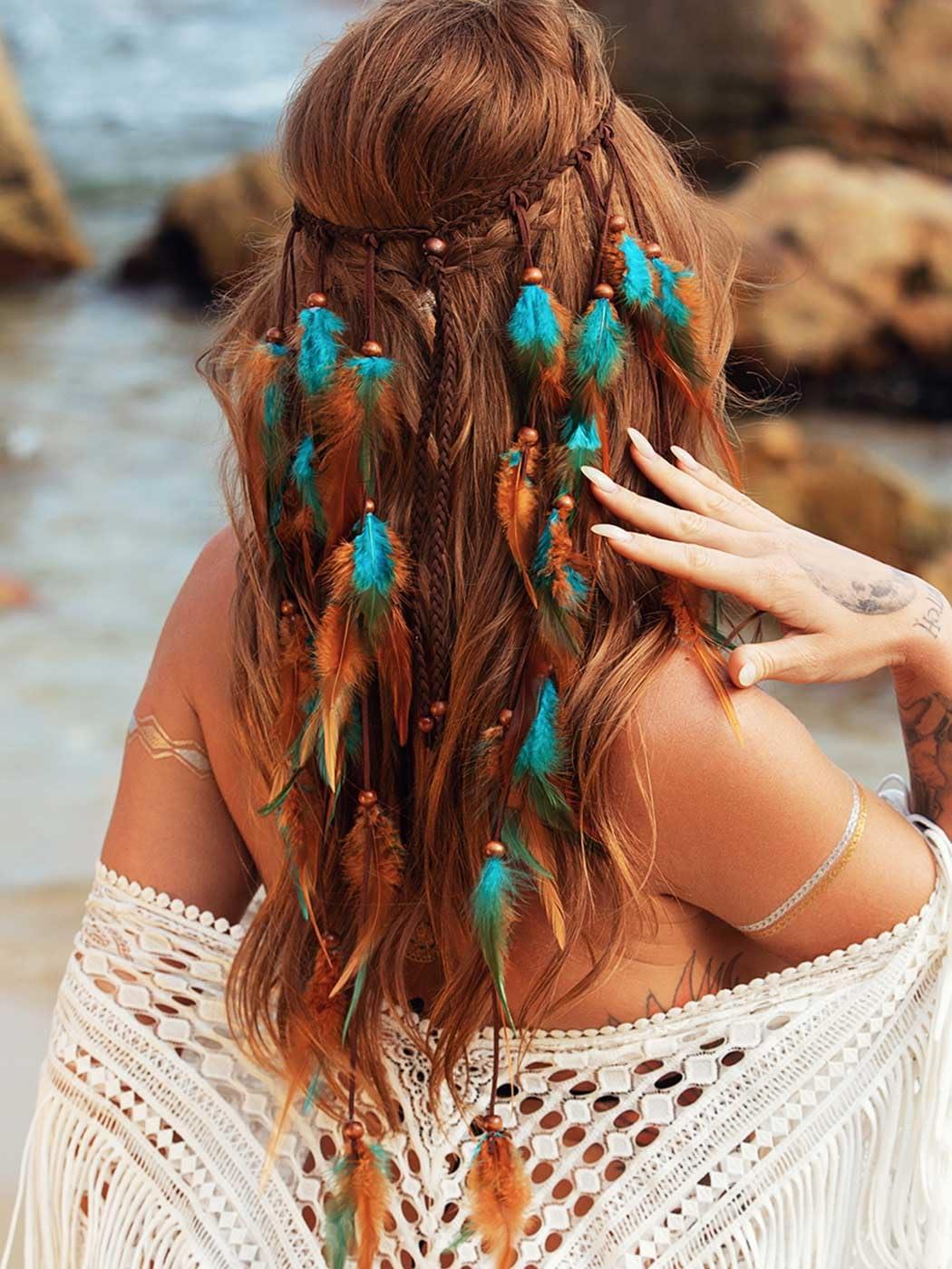 GORTIN GORTIN Boho Feather Headband Gypsy Costume Headdress Black Bohemian Hippie Headbands Indian Festival Hair Band Adjust Long Feather Headpiece Hair Accessory for Women and Girls (Blue+Brown)