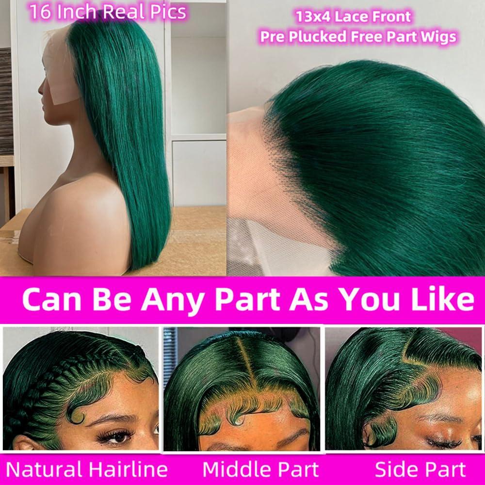 Superfect Superfect Dark Green Lace Front Wigs Human Hair Pre Plucked Bob Wig Human Hair 13x4 Frontal Lace Wig HD Transparent Short Human Hair Wigs for Women (16 Inch, Dark Green)