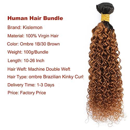 Kislemon Kinky Curly Hair Ombre 1B 30 Ombre 2 Tone 1B/30 Kinky Curly Human Hair Weave Bundles 1 piece, Black Roots Ombre Brown Real Brazilian Remy Hair Weave Bundles (10 inches)