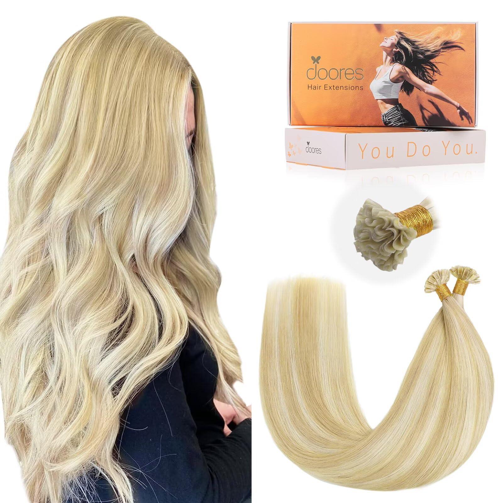 DOORES DOORES U Tip Hair Extensions Real Human Hair, 18 Inch 50g/50s, Dark Blonde Highlighted Bleach Blonde Invisible Human Hair Extensions for daily wearing