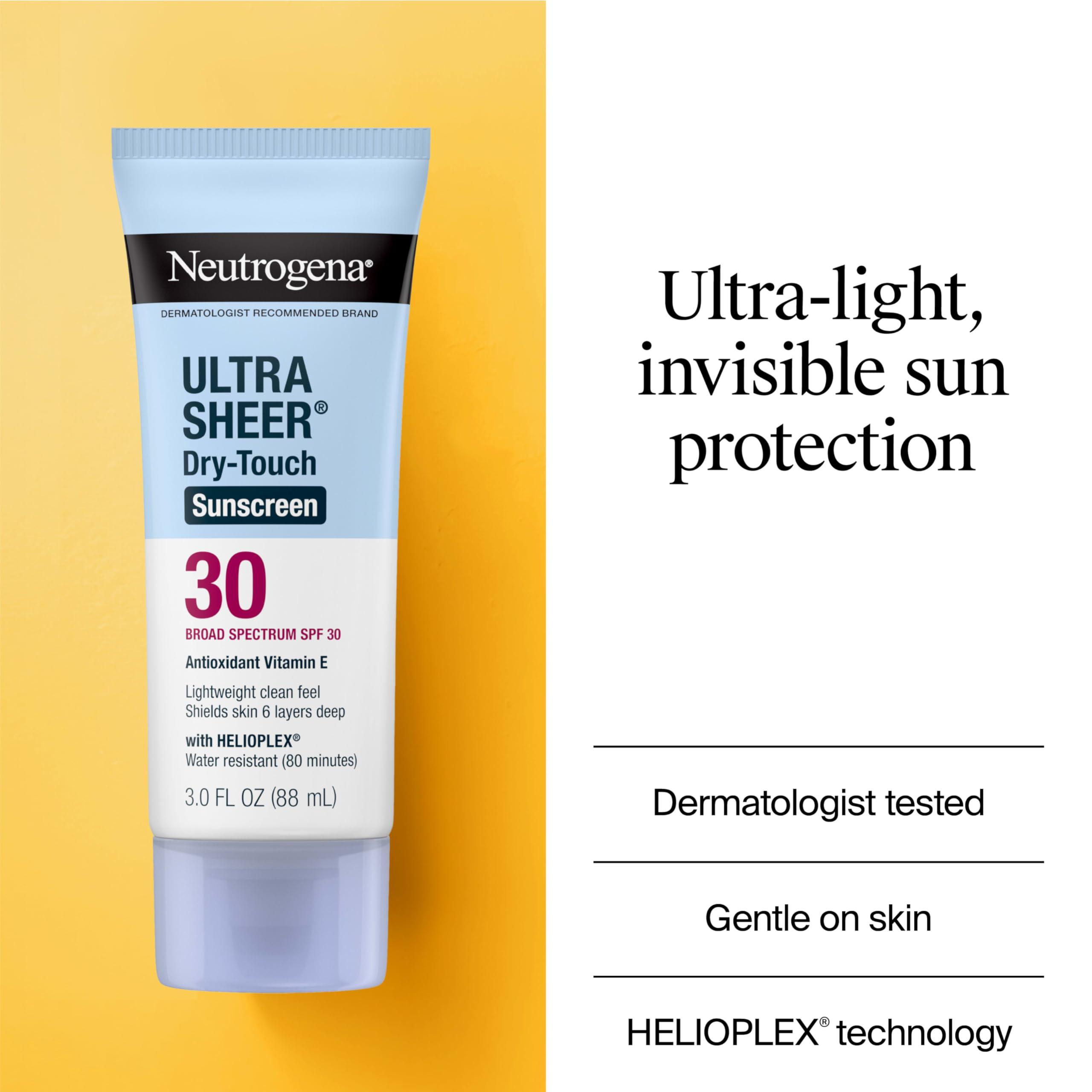 Neutrogena Neutrogena Ultra Sheer Dry-Touch Sunscreen Lotion, Broad Spectrum SPF 30 UVA/UVB Protection, Oxybenzone-Free, Light, Water Resistant, Non-Comedogenic ; Non-Greasy, Travel Size, 3 fl. oz