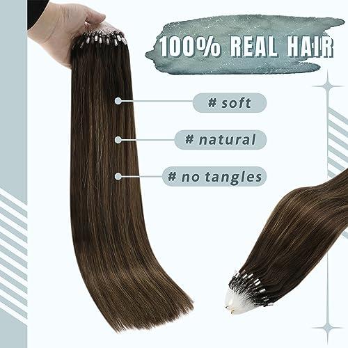Fshine Fshine Real Micro Ring Balayage Hair Extensions Human Hair 16 Inch 50g Micro Loop Hair Extensions Dark Brown Fading to Color 6 Middle Brown Highlight with Dark Brown Remy Straight Micro Loop Hair